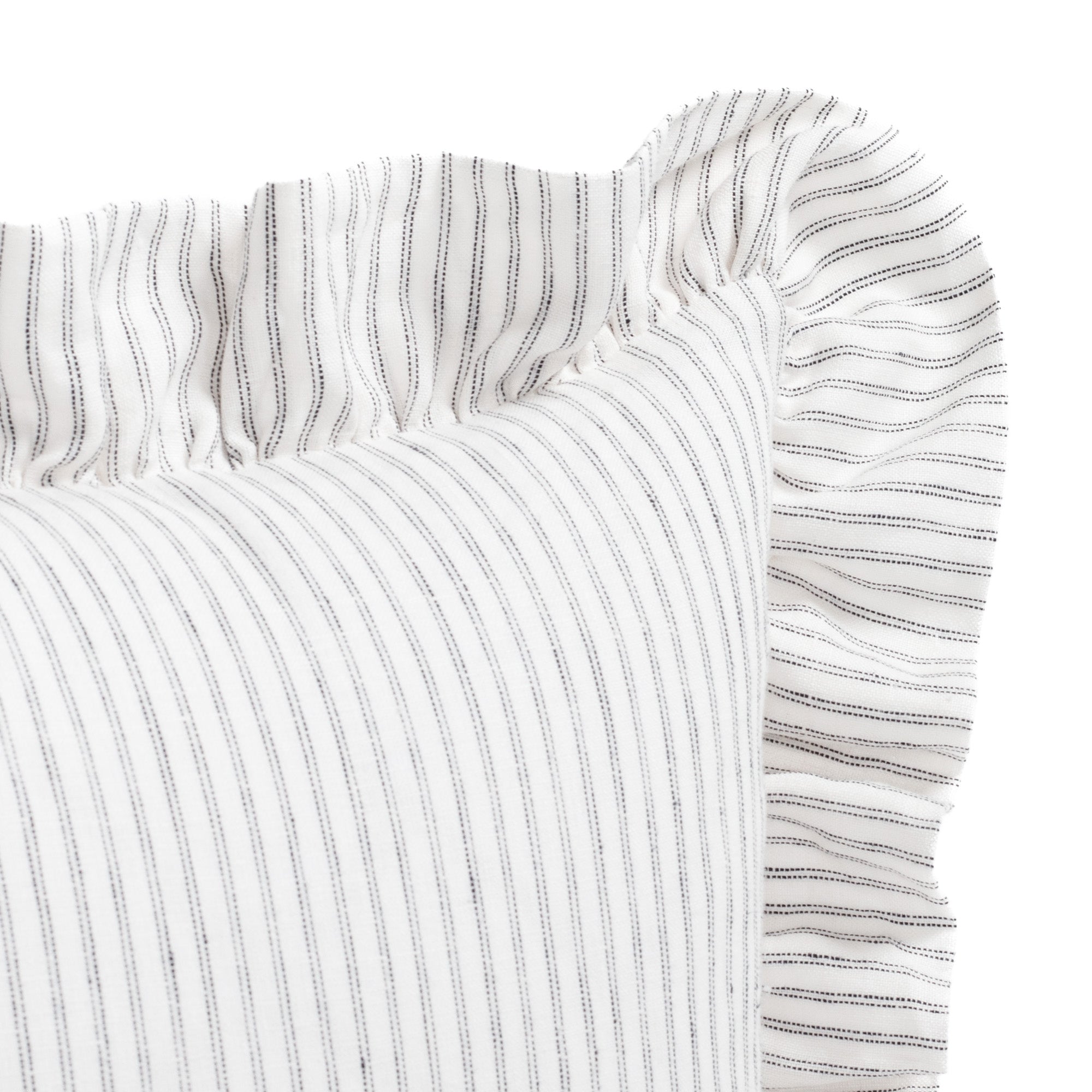 Detail shot of Tonic Living’s Verona 14x20 decorative ruffle pillow, showing the romantic edge finish and vintage-inspired black and white stripe pattern.