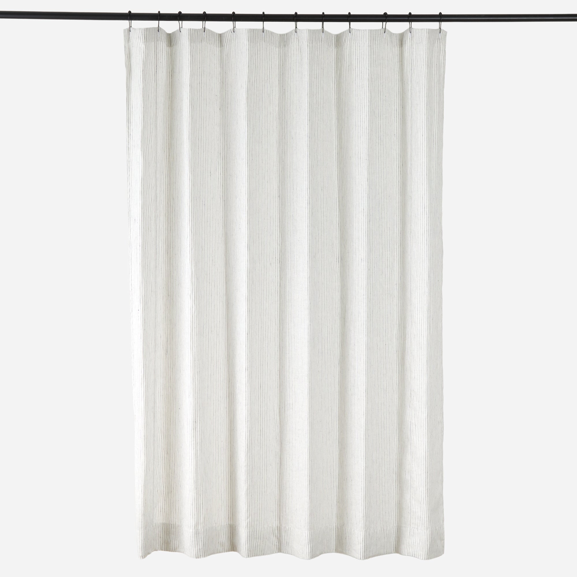Tonic Living Verona Stripe Linen Shower Curtain in Jet, a soft white and black 100% linen shower curtain with vertical pinstripe.