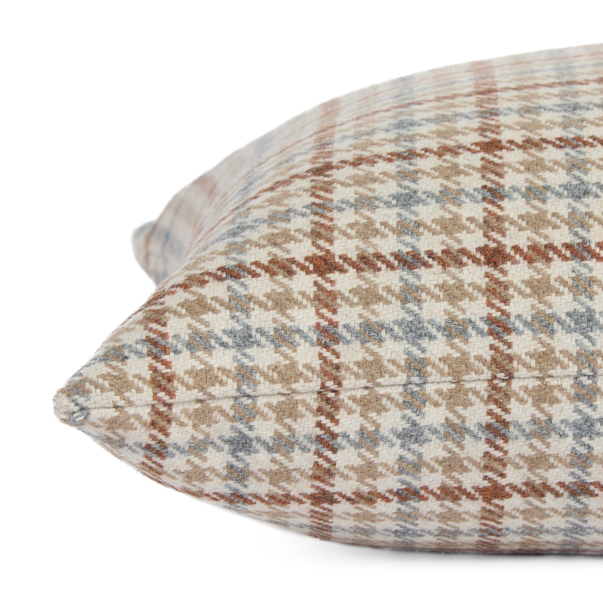 Side view close up of Vesper Plaid 14x20 plaid lumbar pillow in beige, blue, and brown.