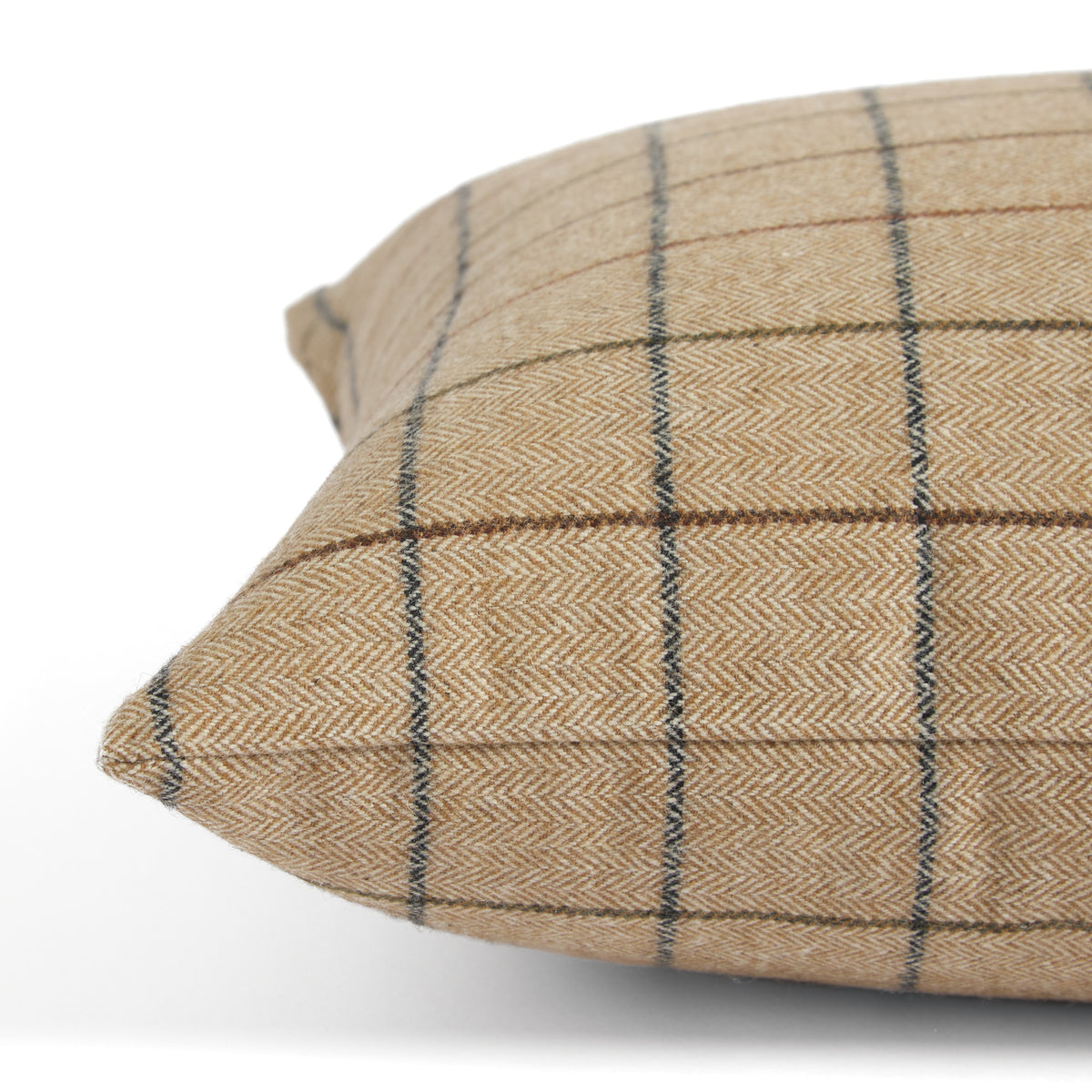 Side view of Tonic Living Walker Plaid Camel toss cushion highlighting its classic camel brown windowpane check.