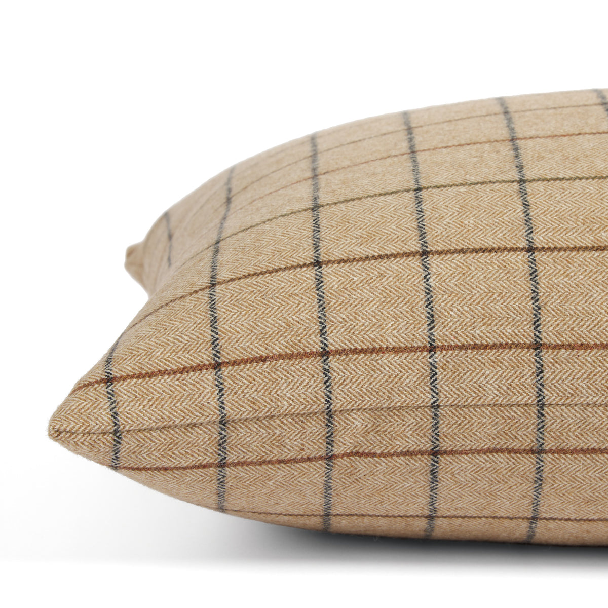 Side view of Tonic Living Walker Plaid Camel decorative bolster highlighting its classic plaid pattern and warm neutral tones.