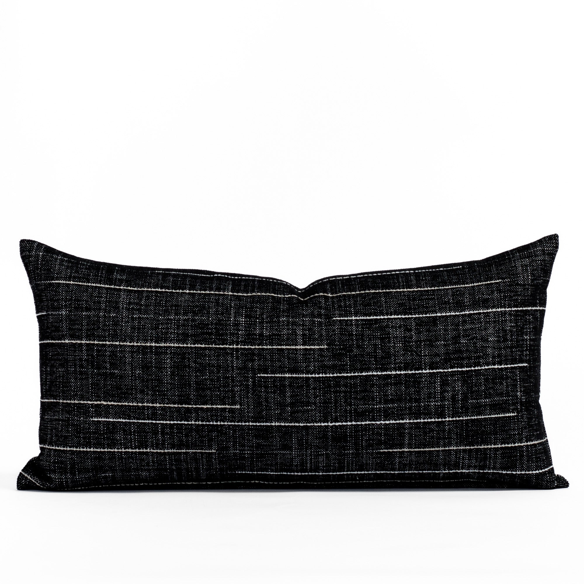 Yuzu Onyx 12x24 Indoor/Outdoor Lumbar Pillow, a black pillow from Tonic Living with organic white lines.