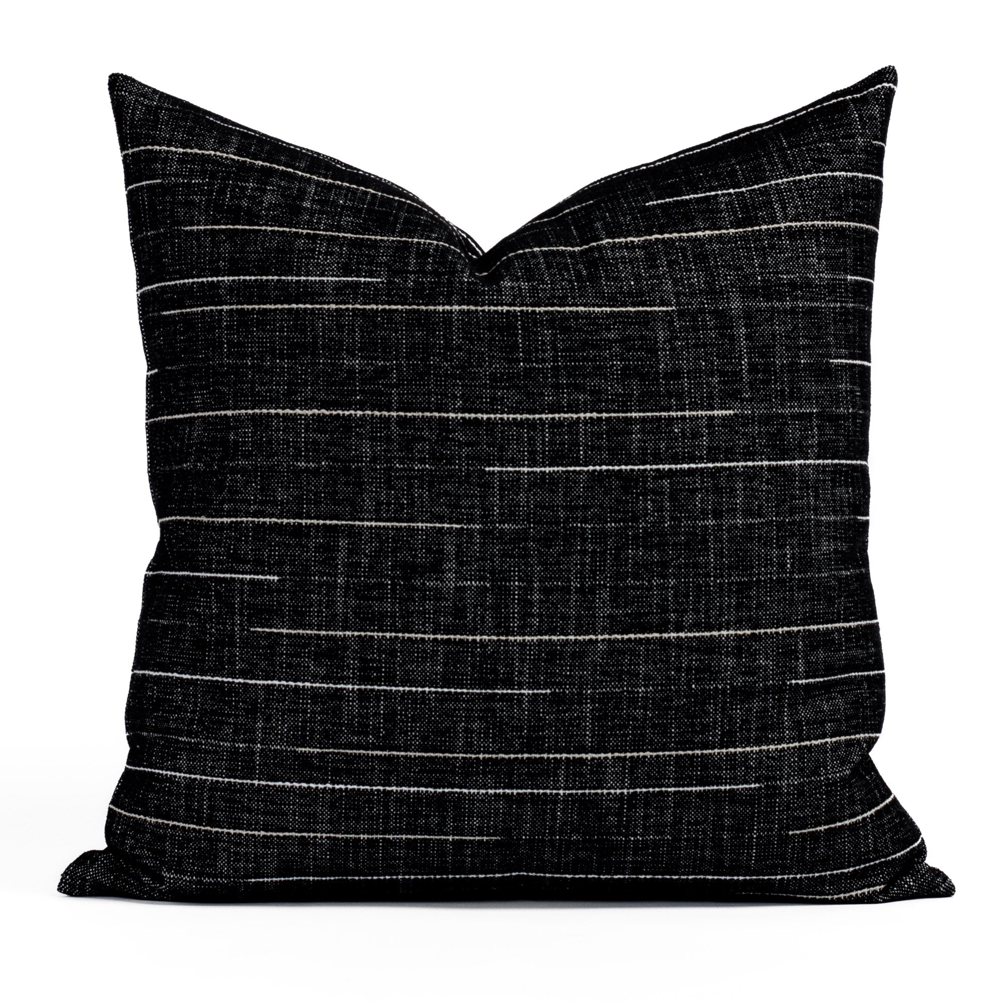 Yuzu Onyx 22x22 Indoor/Outdoor Pillow, a black pillow from Tonic Living with organic white lines.