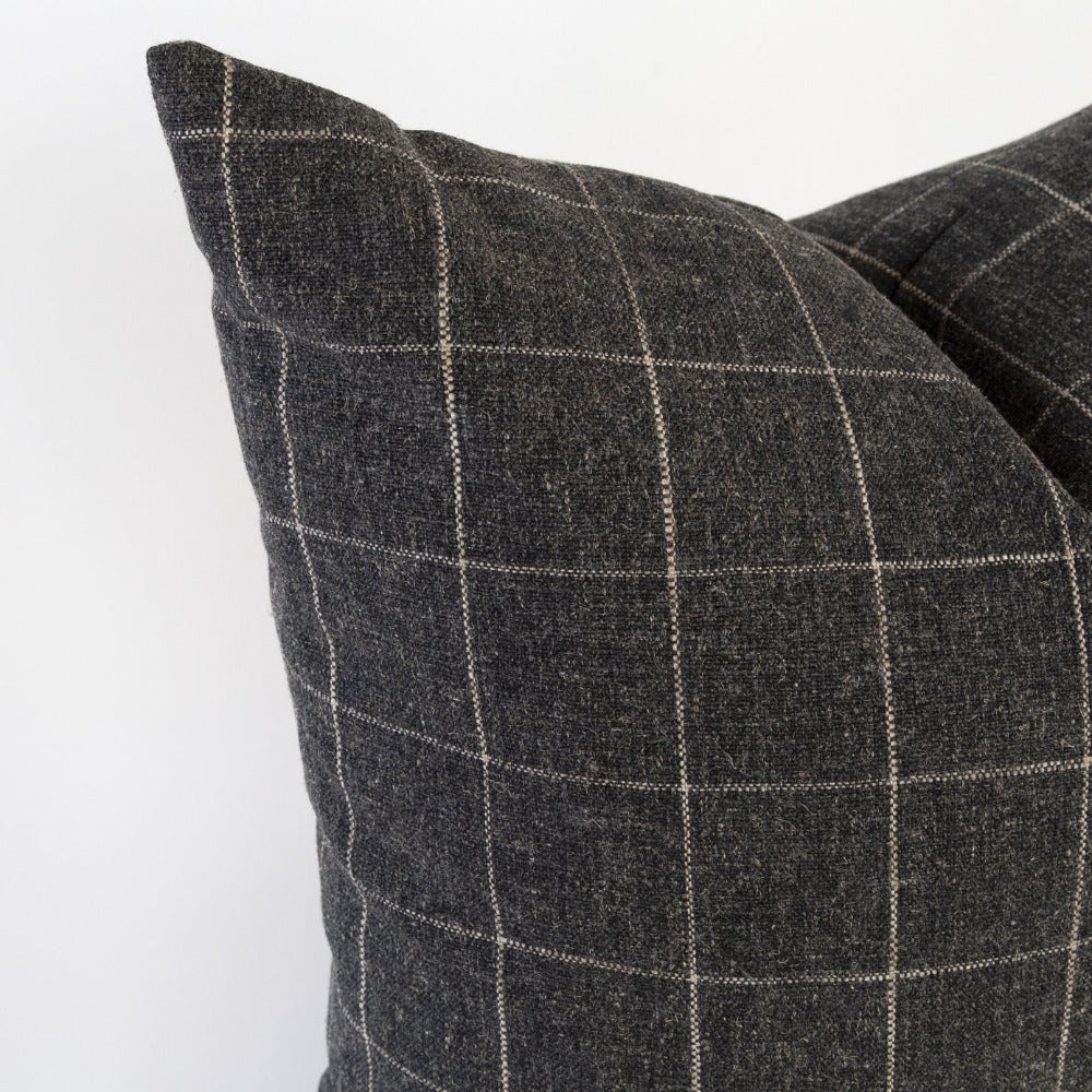 Dundee Sable, a charcoal gray and natural windowpane pillow : close up corner view