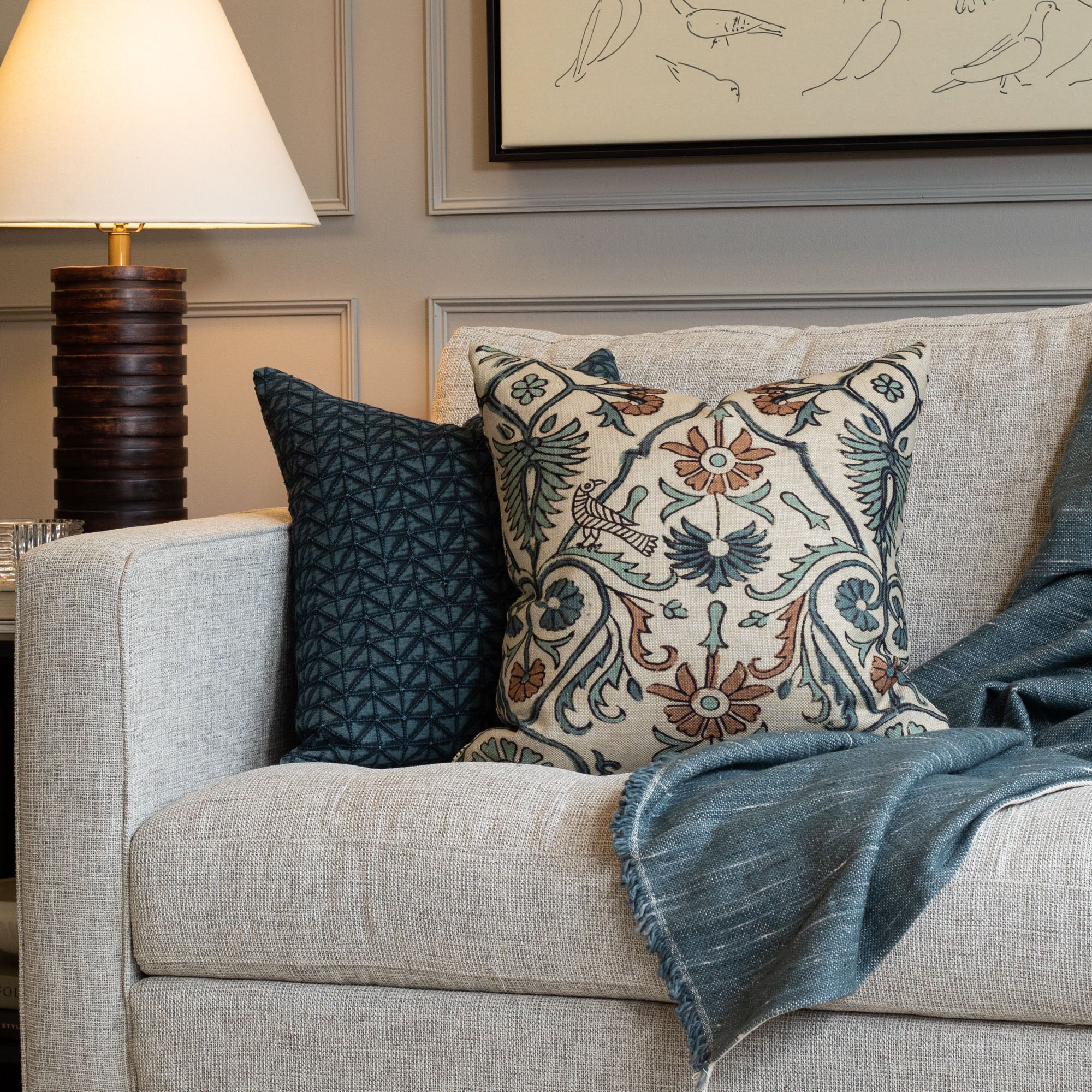 Earthy deep blue, brown and tan designer decorative pillows from Tonic living