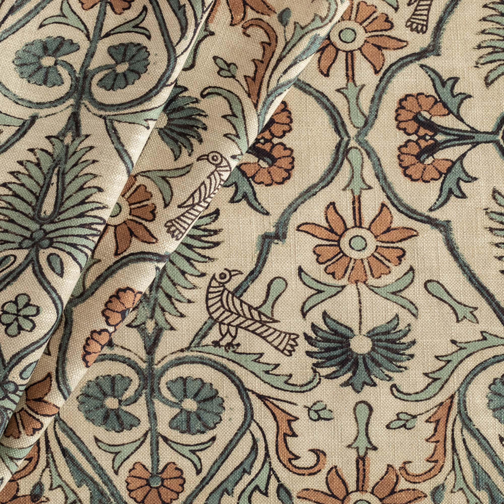 Amara Pool, a brown, aqua, blue, beige floral vine block print pattern fabric from Tonic Living