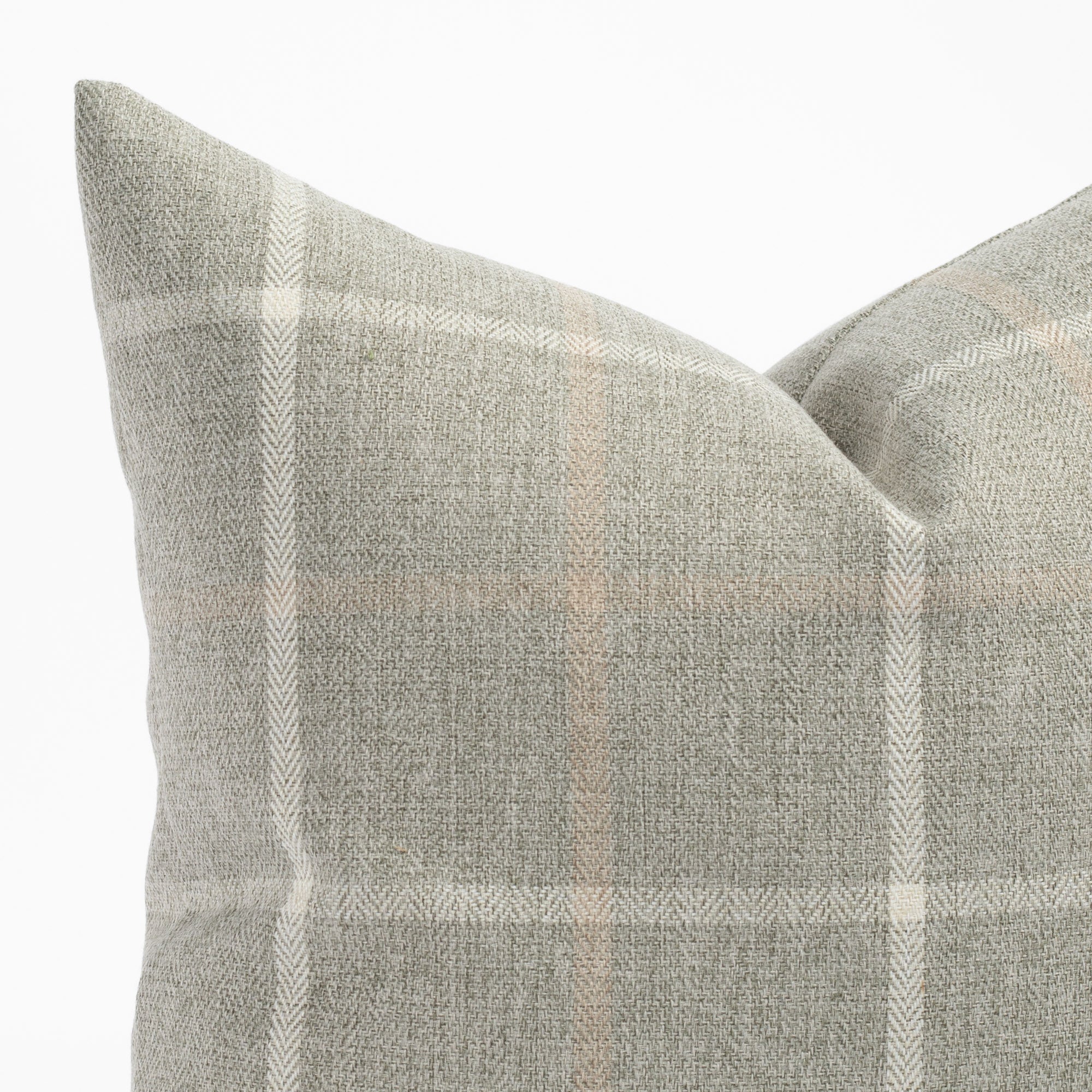 a gray plaid with cream and camel beige throw pillow