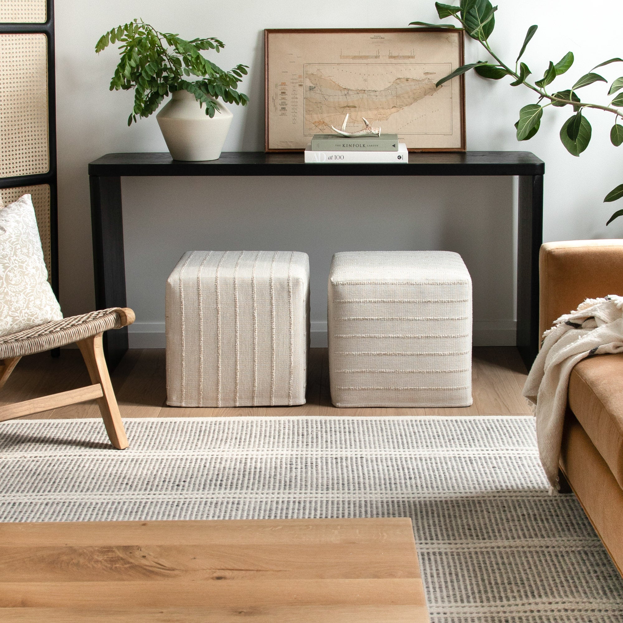 Neutral home decor from Tonic Living : Handlavet Stripe Raffia cube ottomans