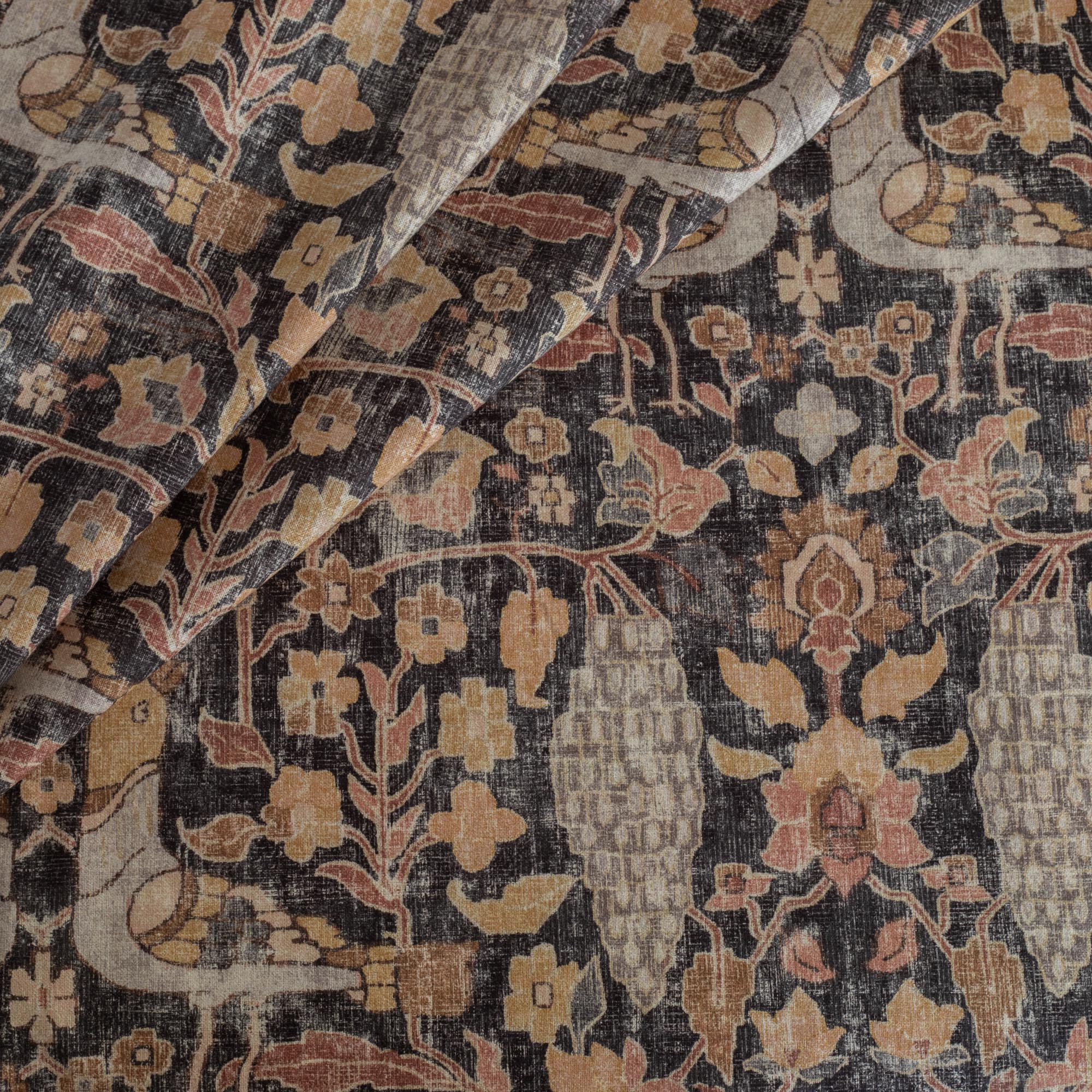 Kalida Walnut earth toned vintage tapestry bird print cotton fabric : close up view