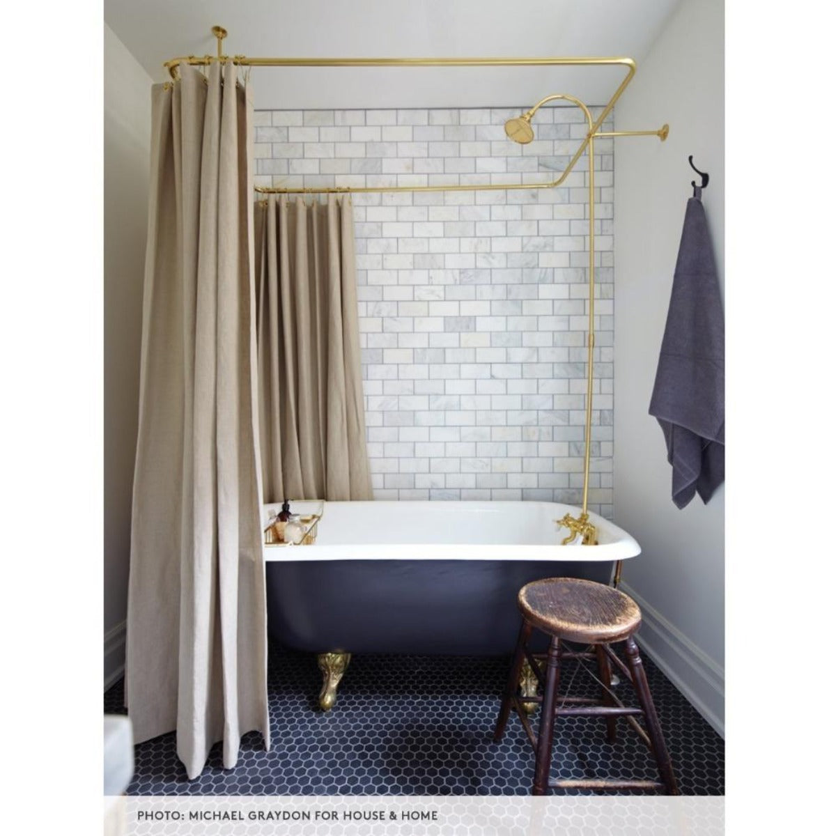Mandy Milks bathroom with Tuscany Linen shower curtain