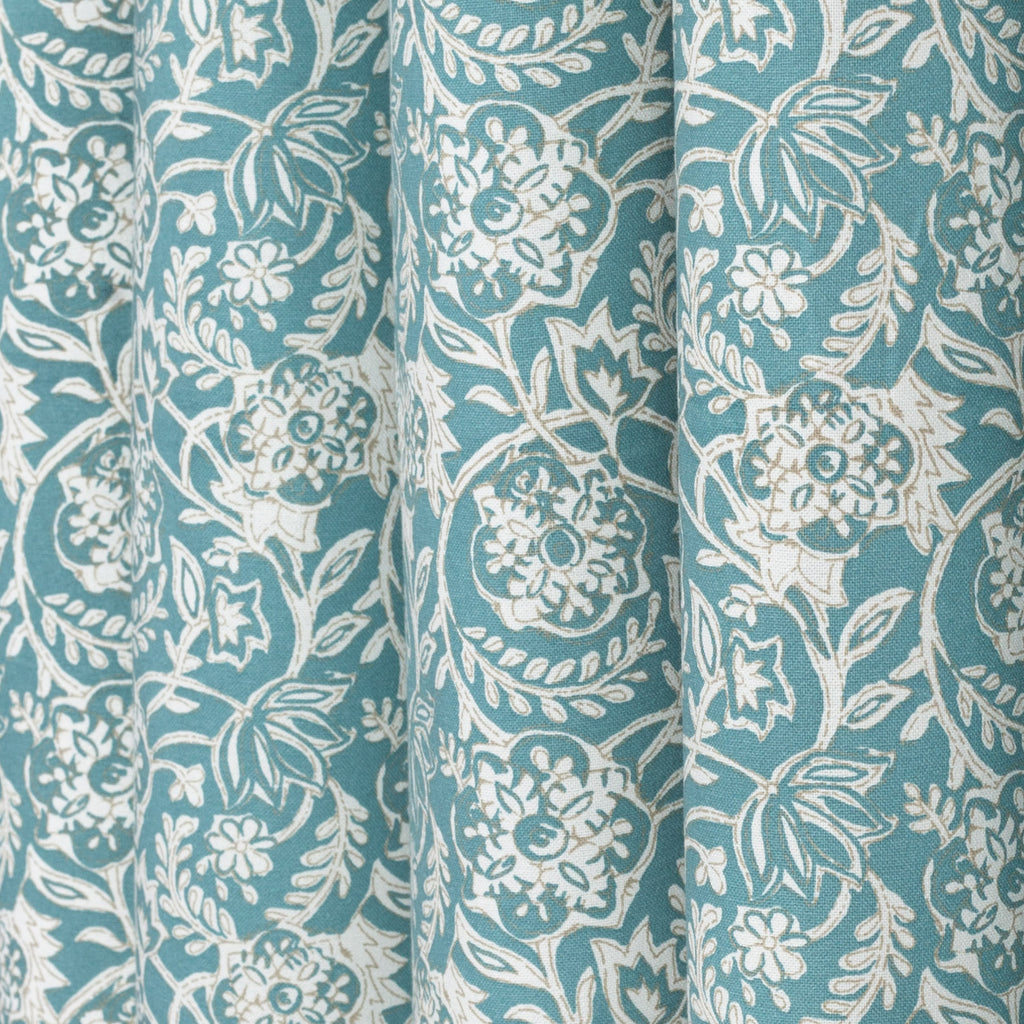 Padma Aqua, an aqua blue and cream tapestry block print pattern cotton fabric