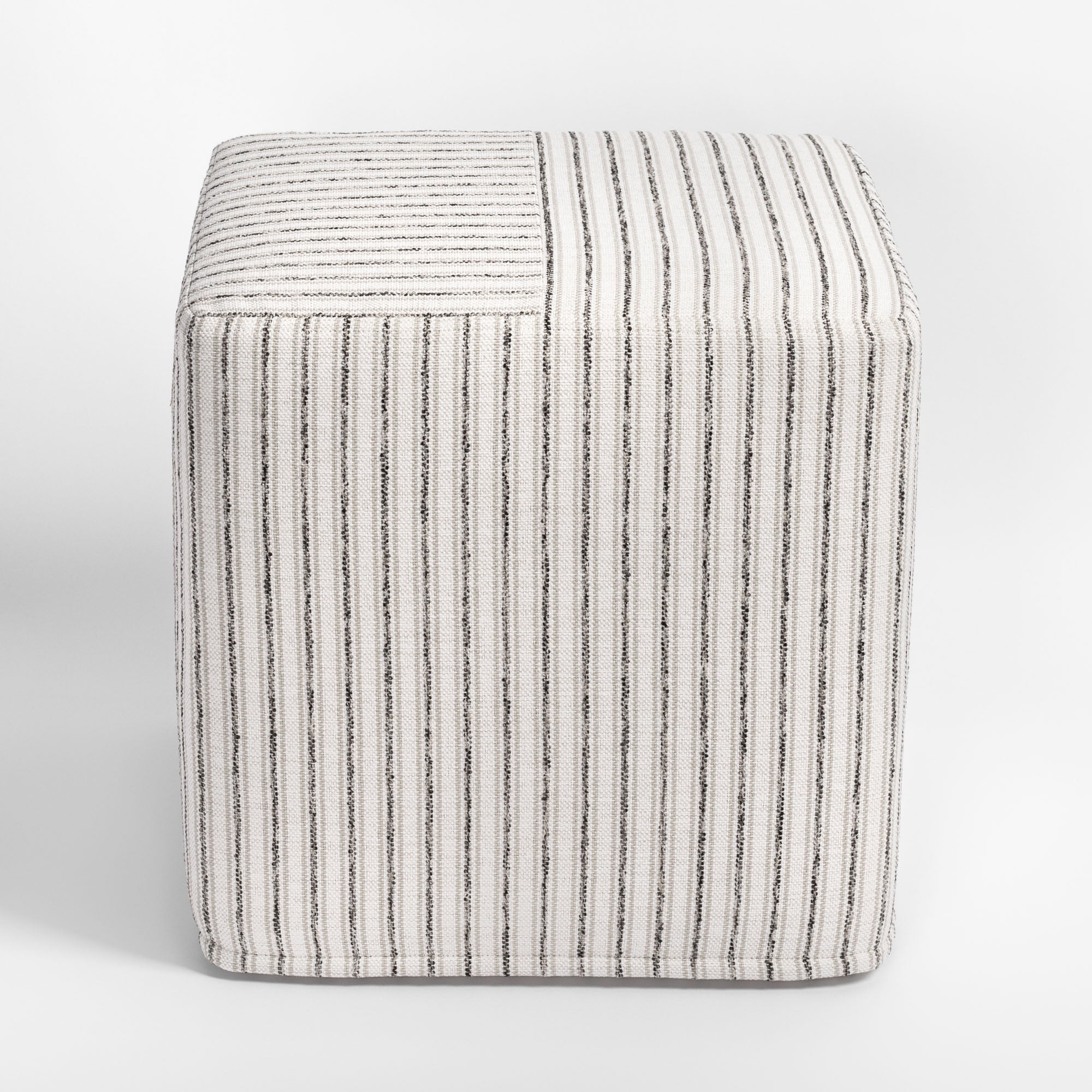 Rodin Stripe cube ottoman, a beige, ivory and gray stripe ottoman : front view