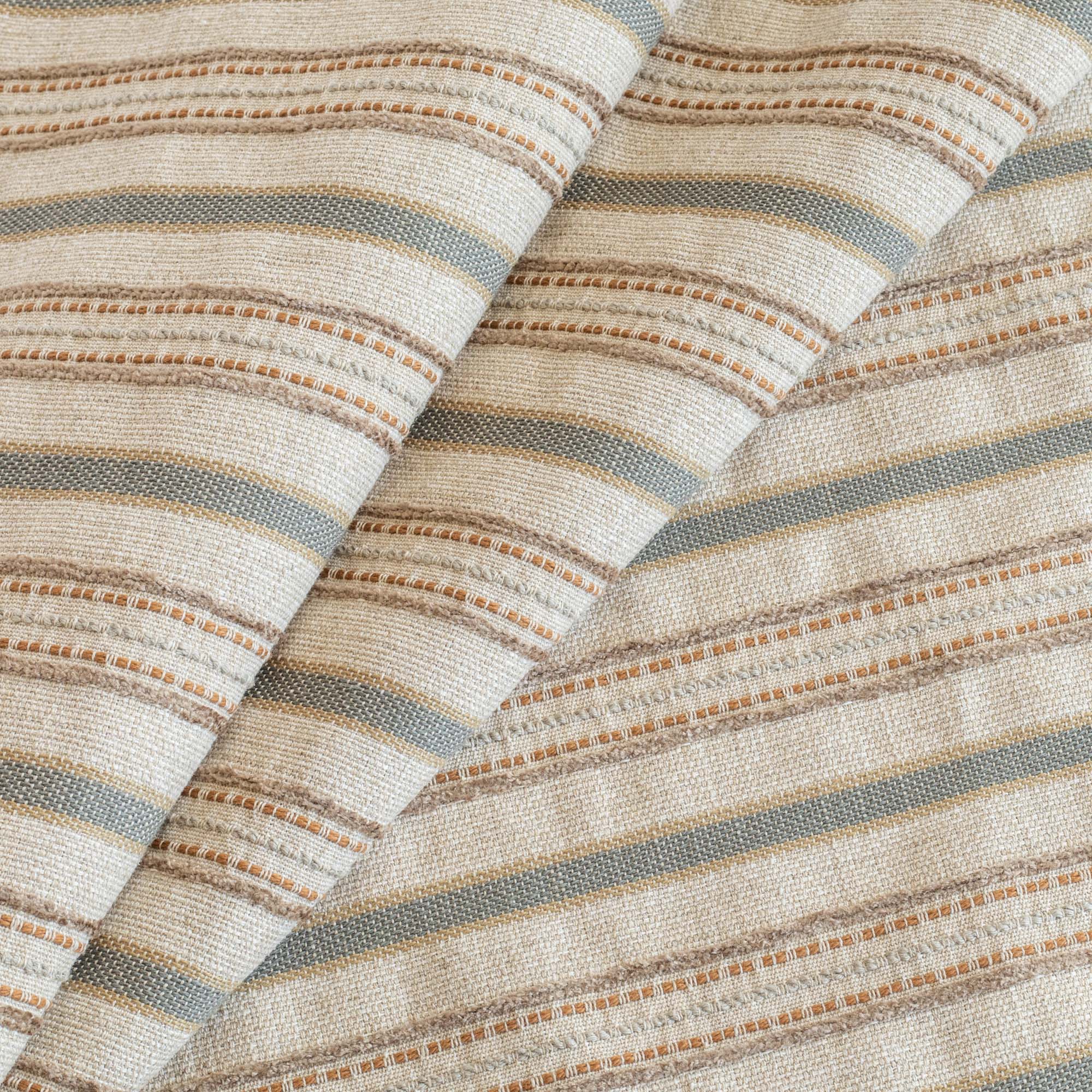 a beige, brown and grey earth toned striped designer home decor fabric 