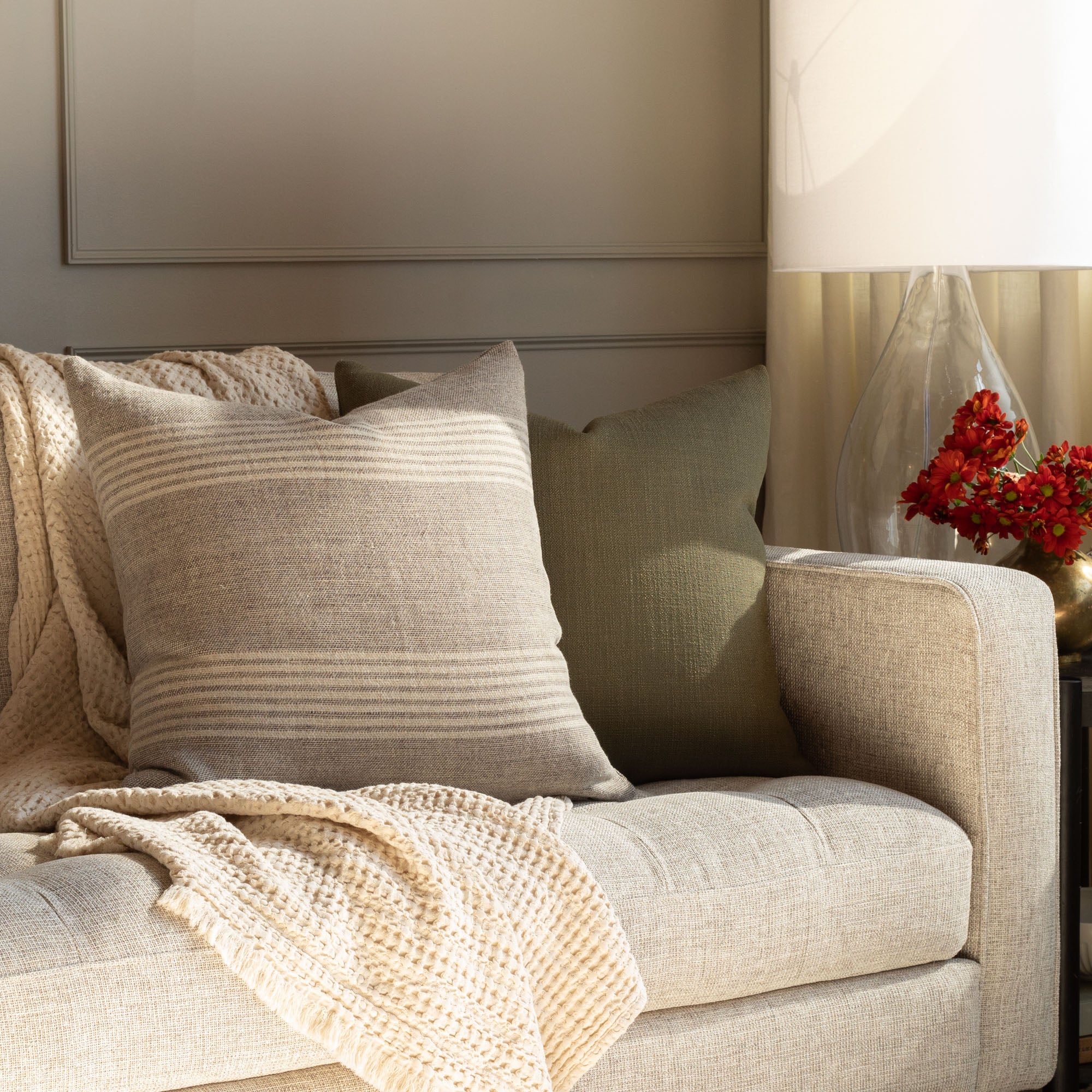 living room scene with Stockton Graphite and Grange moss green