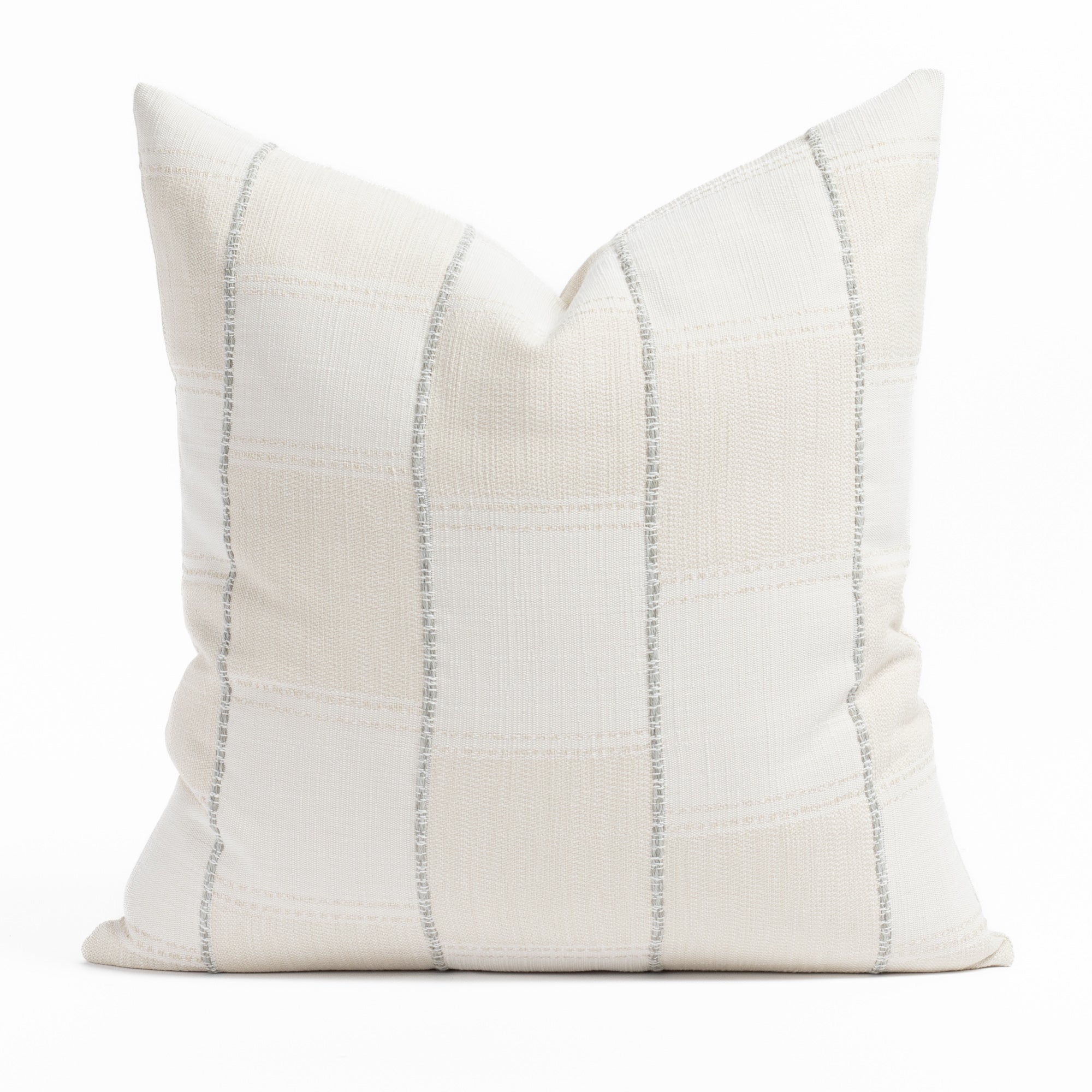 Sutton 22x22 Cloud Pillow, a chunky light blue stripe and white cream patchwork patterned throw pillow from Tonic Living