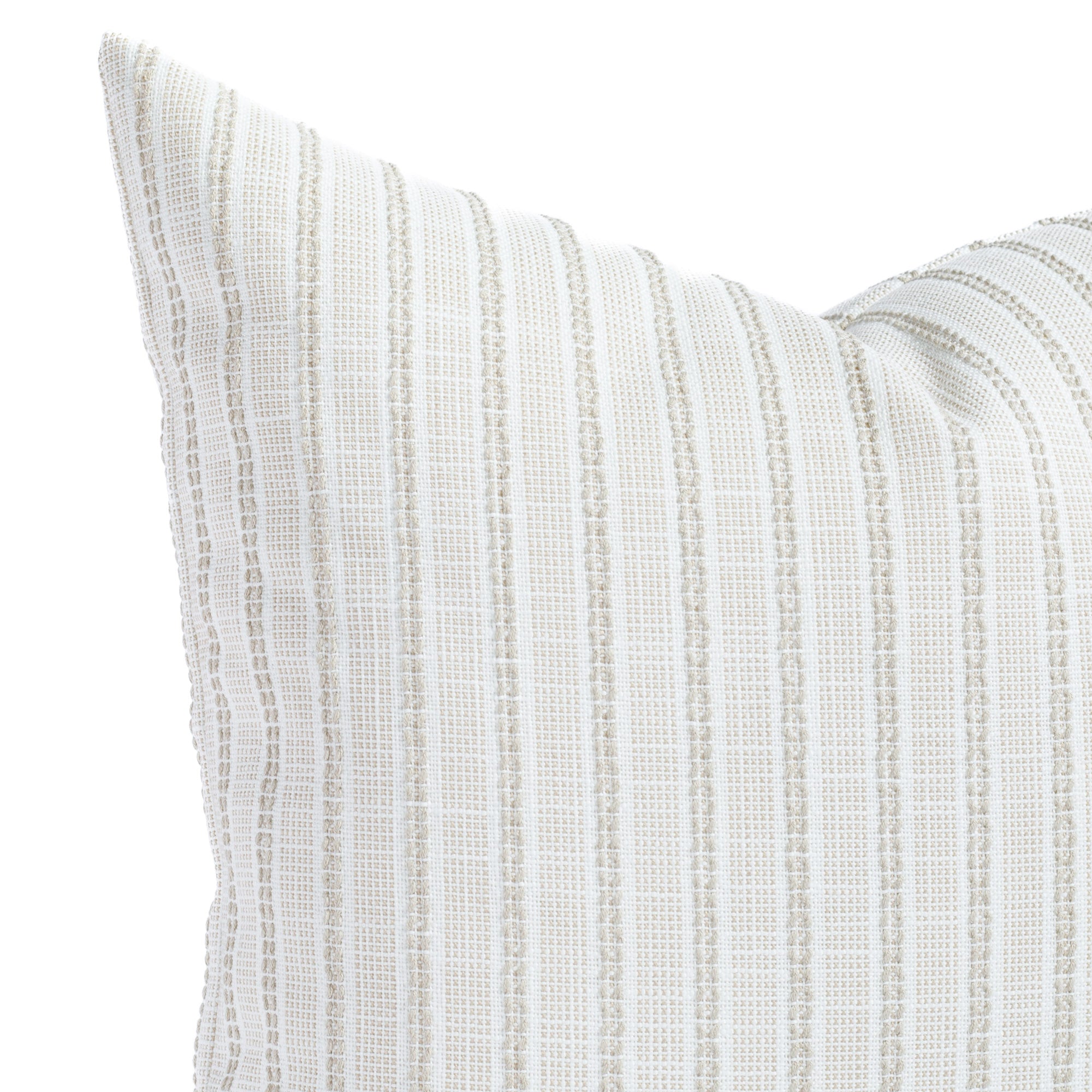 a white and sand stripe outdoor throw pillow : close up view