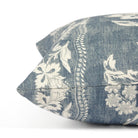Side view of Tonic Living Ashford decorative cushion highlighting its blue and white botanical vine design.
