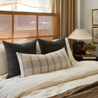Bed styled with Buckley Wheat XL lumbar pillow and Dunrobin Stripe Sable grey pillows – Tonic Living
