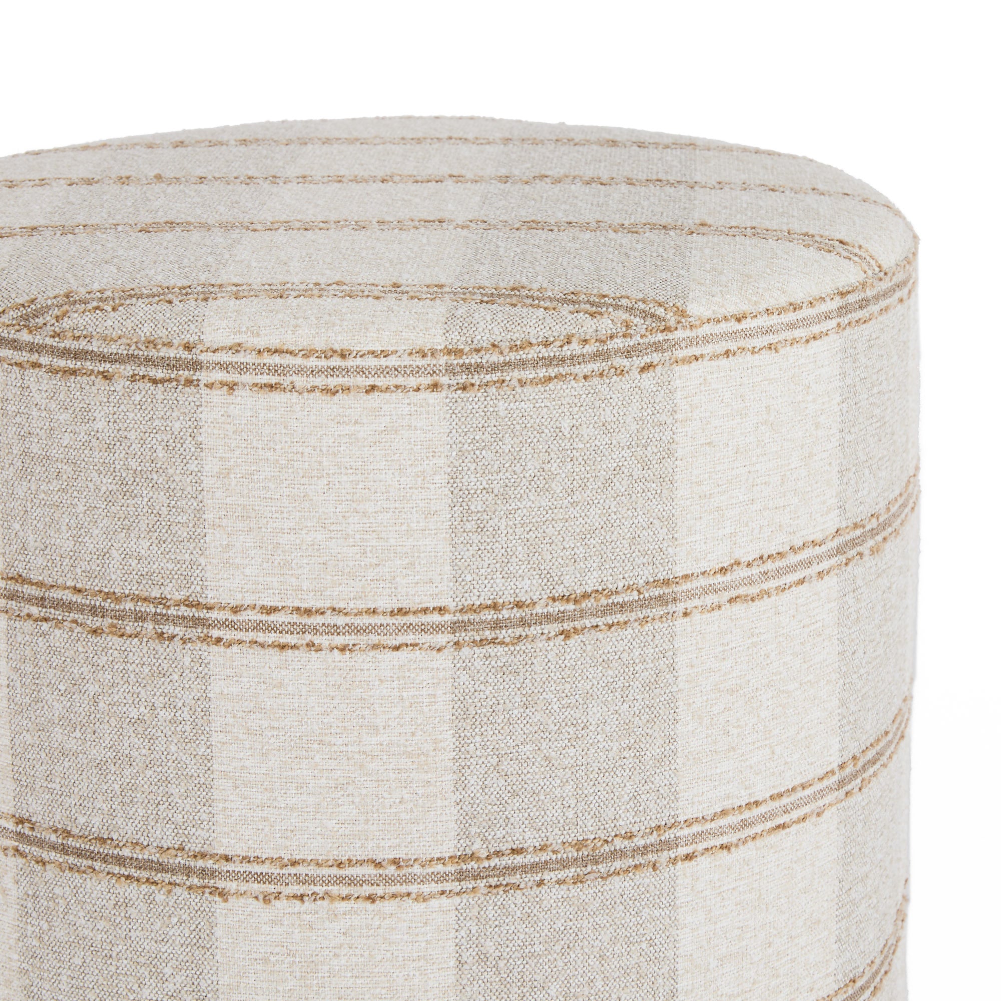Close up of Buckley Wheat round ottoman showing soft woven plaid texture – Tonic Living