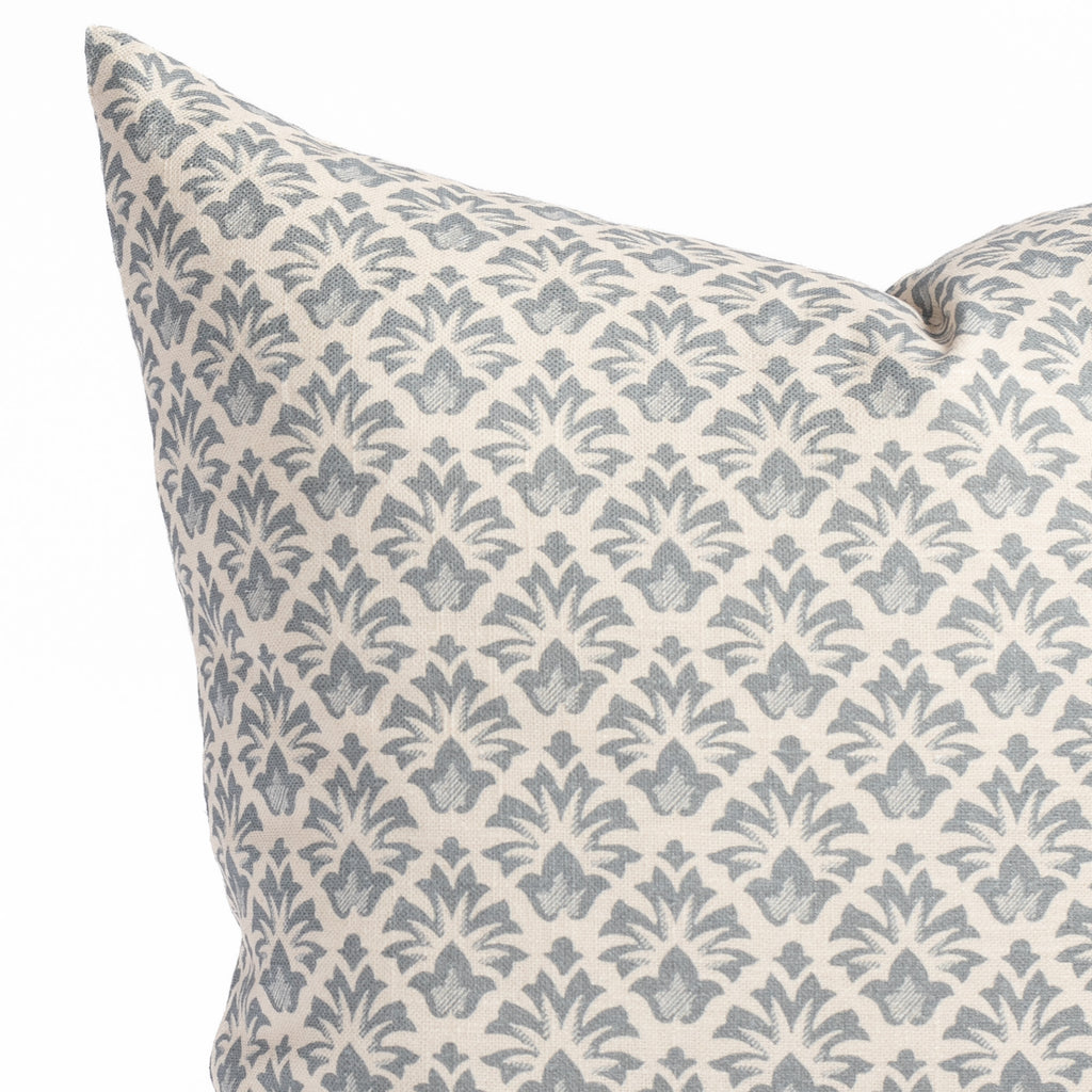 an earthy blue and cream floral block print throw pillow : close up view