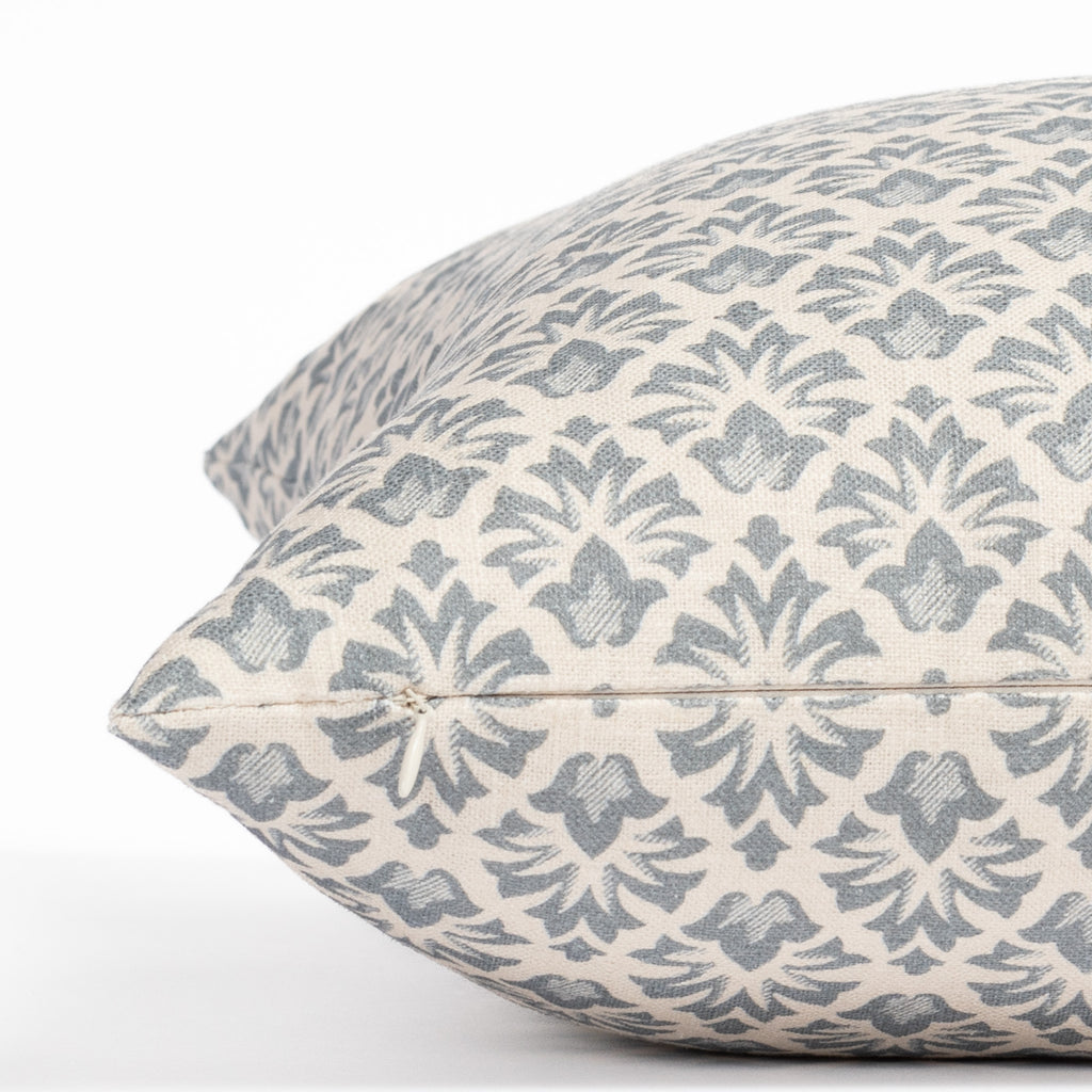 an earthy blue and cream floral block print throw pillow : close up zipper view