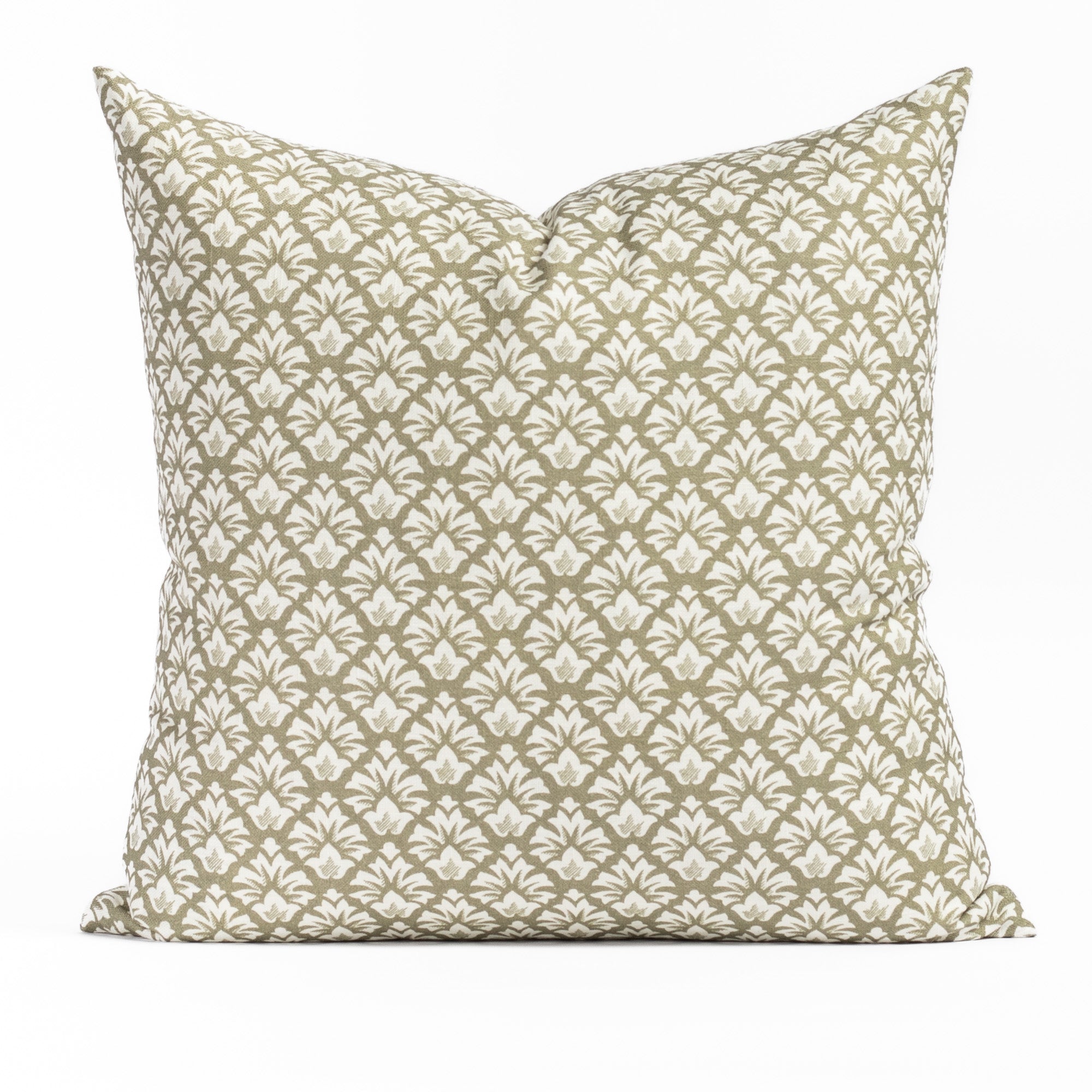 Calli 20x20 Pillow Moss, an olive green and cream floral block print throw pillow from Tonic Living