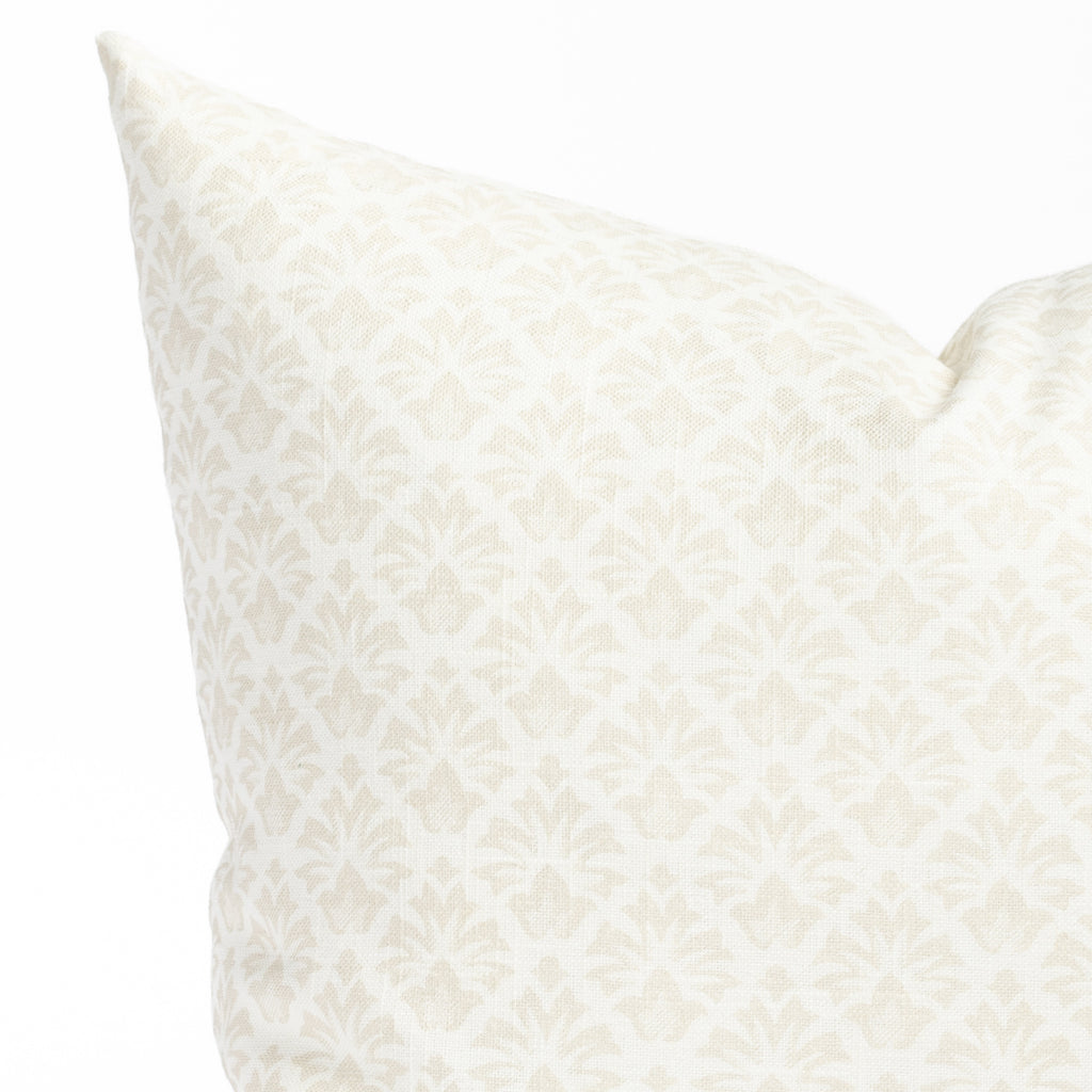 a cream and putty beige floral block print throw pillow : close up view