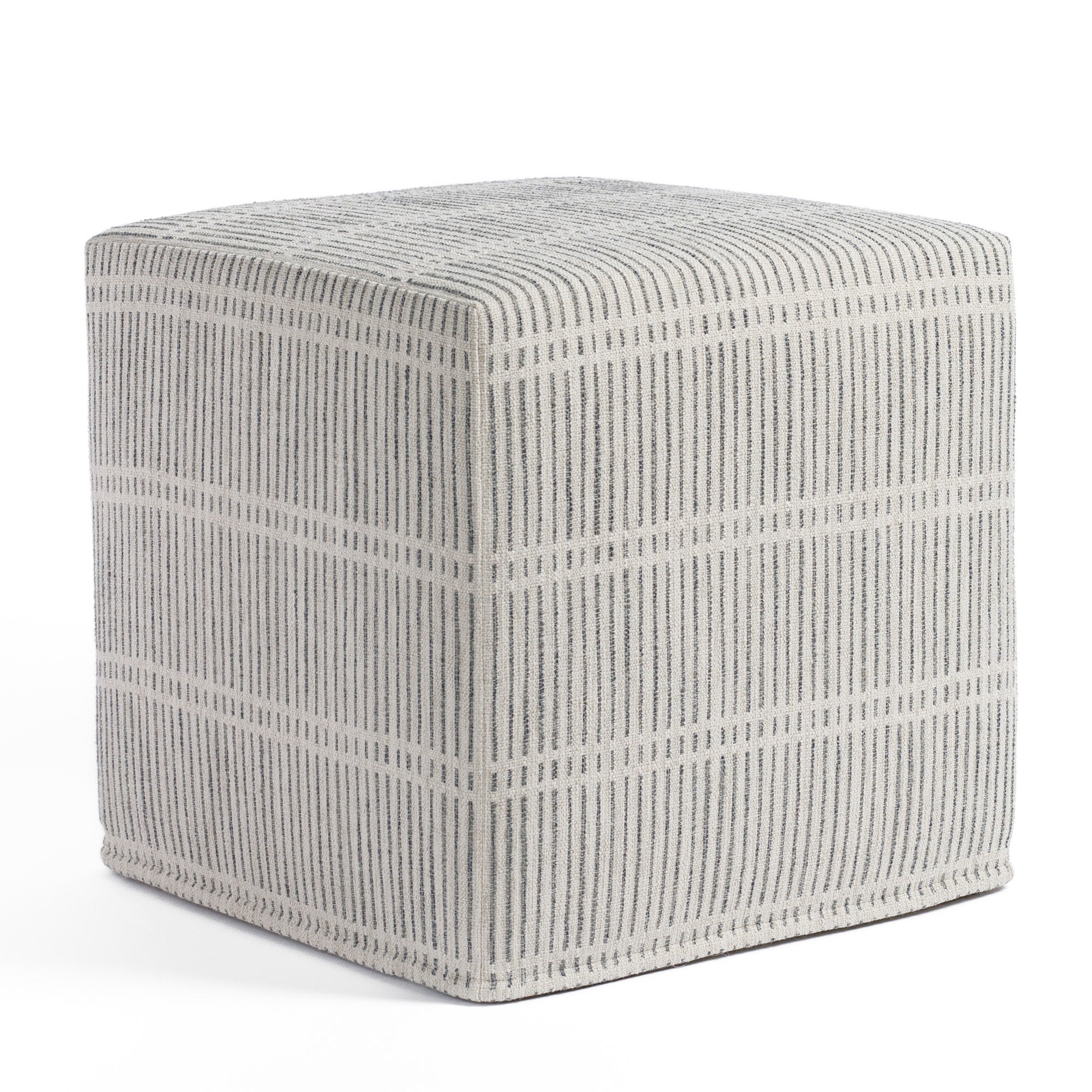 Carson Stripe 16x16 Cube Ottoman Stone Blue, a greige and blue dash stripe fabric cube ottoman from Tonic Living