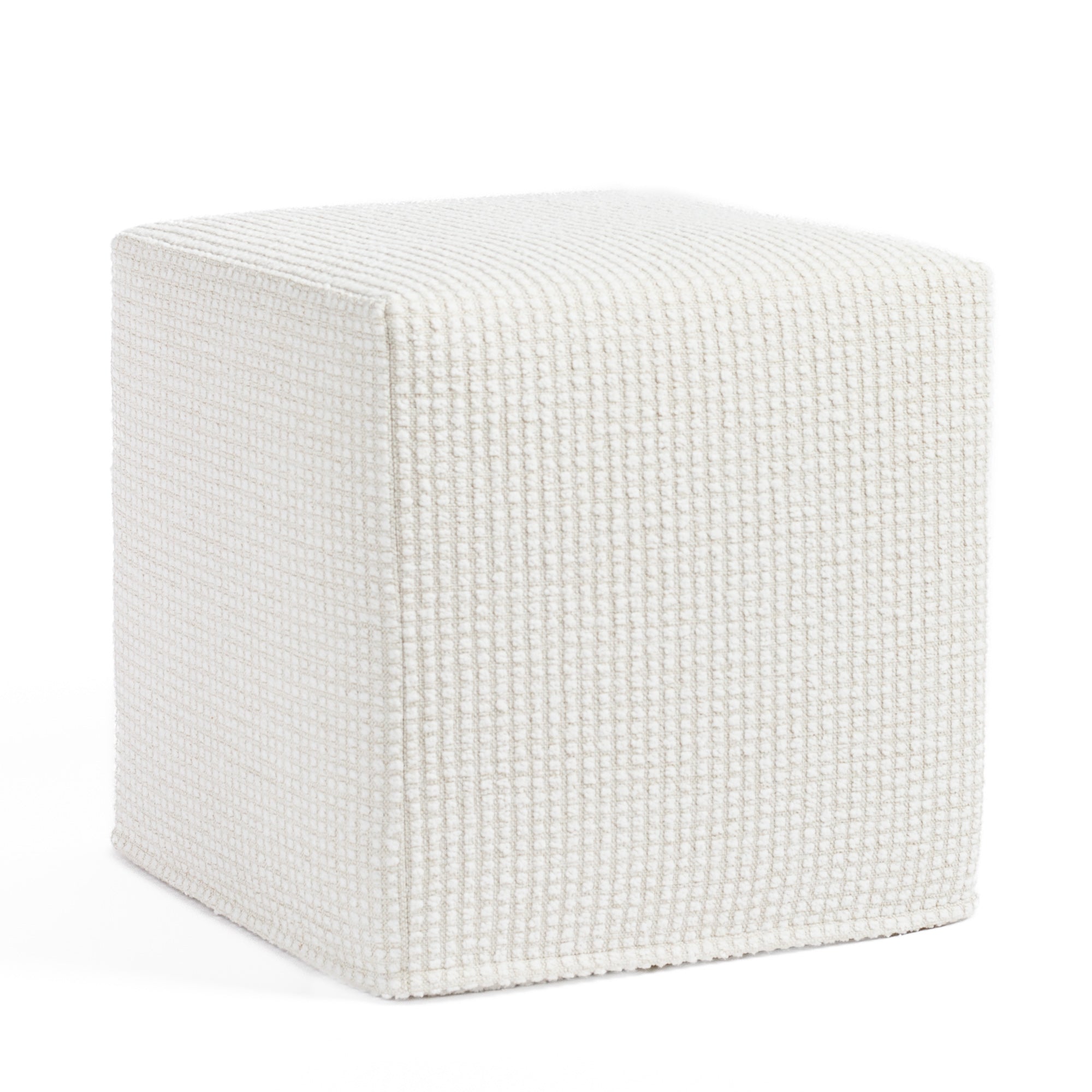 Carter 16x16 Ottoman Pearl, a cream textured grid patterned high performance fabric cube ottoman from Tonic Living 