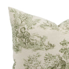 Close up of Tonic Living Colette Forest Green cushion showing scenic toile detail in dark green and beige.