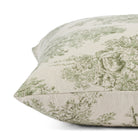 Side view of Tonic Living Colette Forest Green pillow highlighting its French toile pastoral pattern.