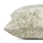 Side zipper detail of Tonic Living Colette 20x20 throw pillow in green and natural toile print.