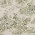 Tonic Living Colette Forest Green drapery fabric with softly faded pastoral scenes in dark green and natural tones.