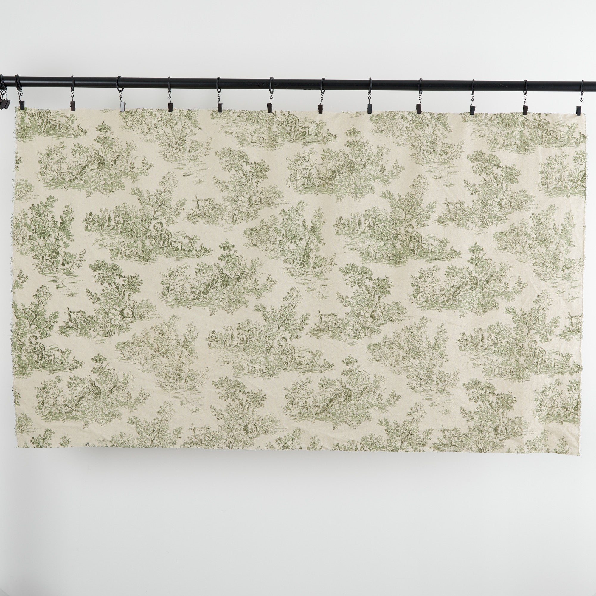 Full yard of Tonic Living Colette Forest Green fabric showing scenic pastoral toile design in green and natural tones.