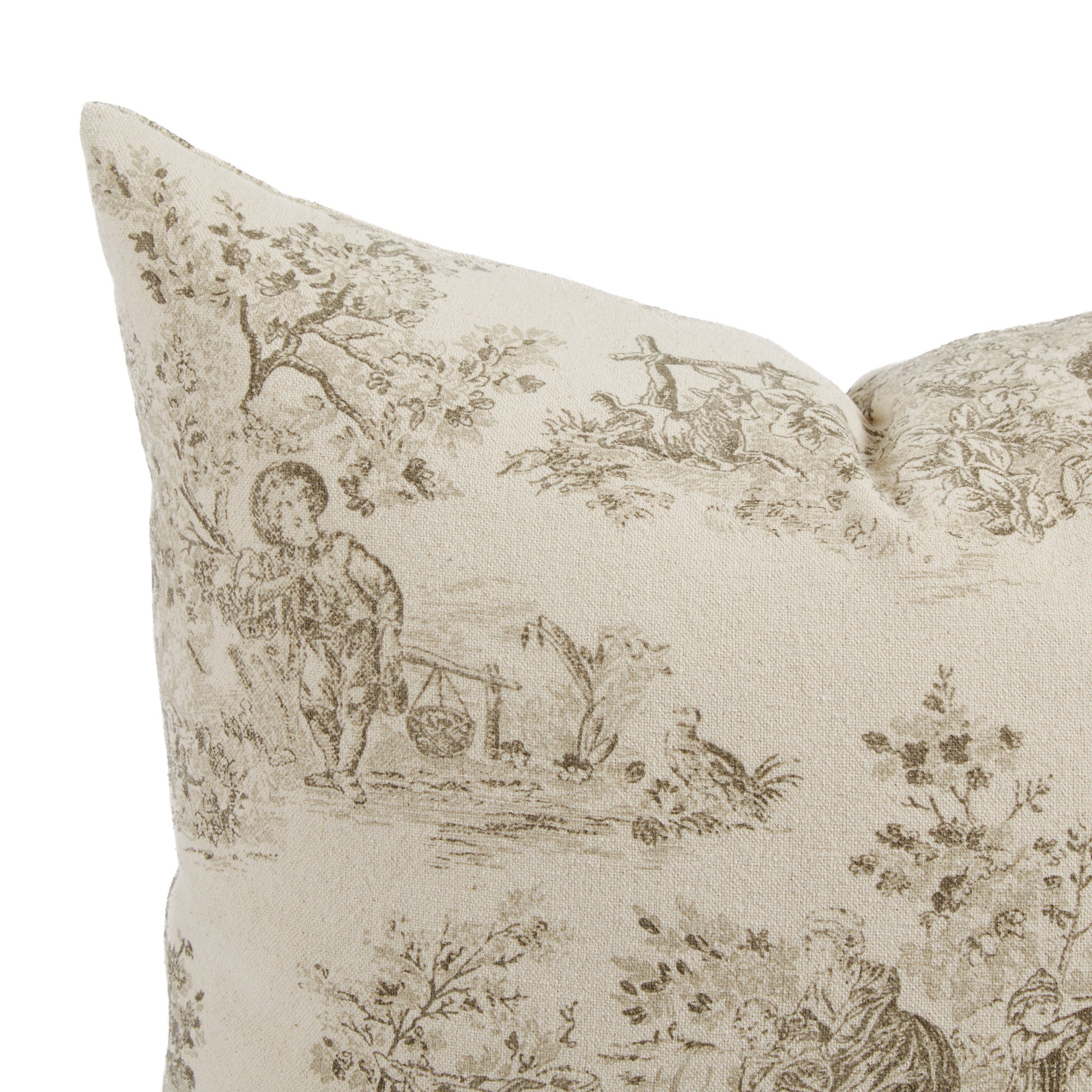 Close up of Tonic Living Colette Portobello cushion showing scenic toile detail in portobello brown and natural.