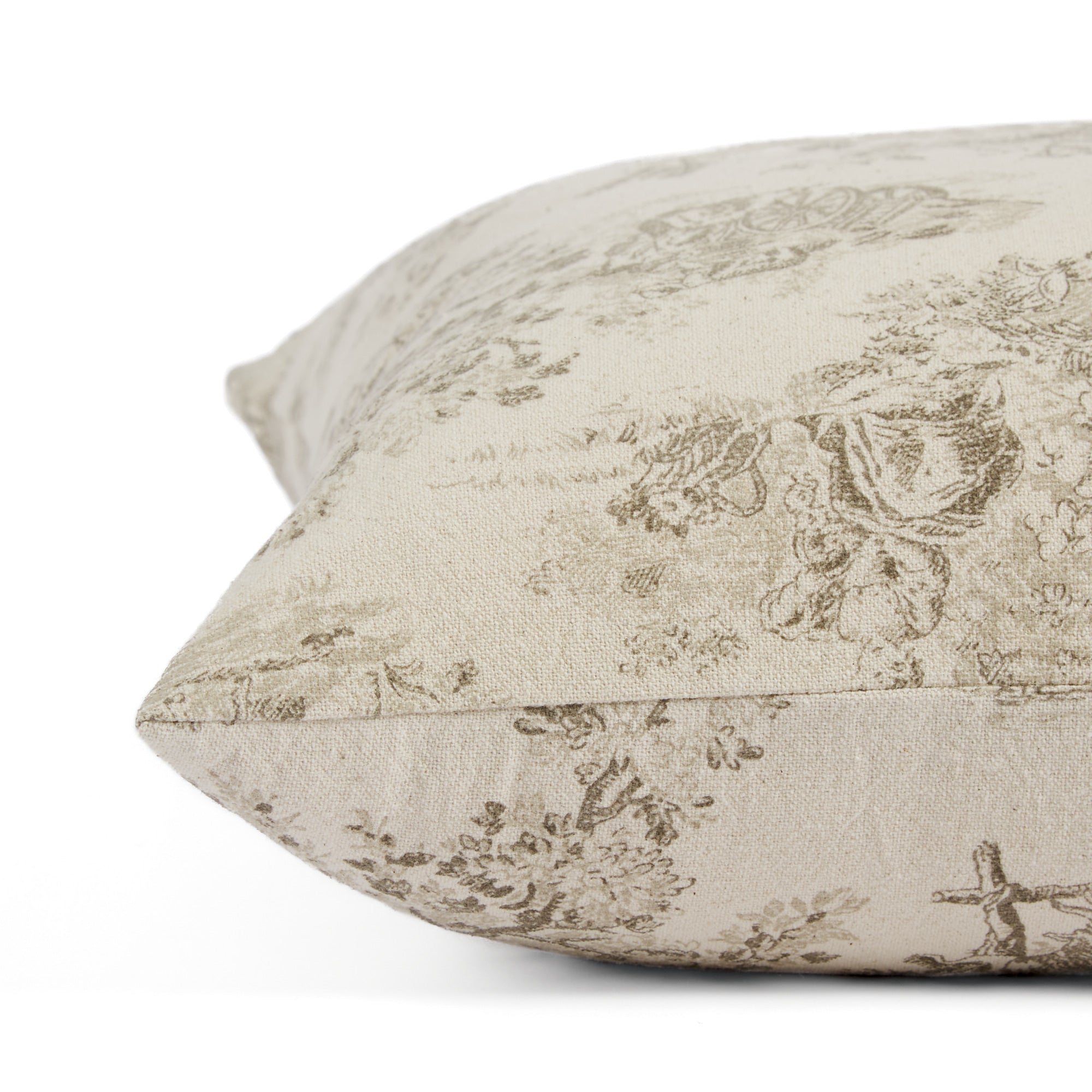 Side view of Tonic Living Colette Portobello pillow highlighting its French toile pastoral pattern.