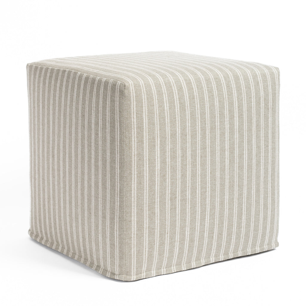 Conway 16x16 Cube Ottoman Sage, a dusty sage green and oatmeal belgian farmhouse striped fabric ottoman pouf from Tonic Living