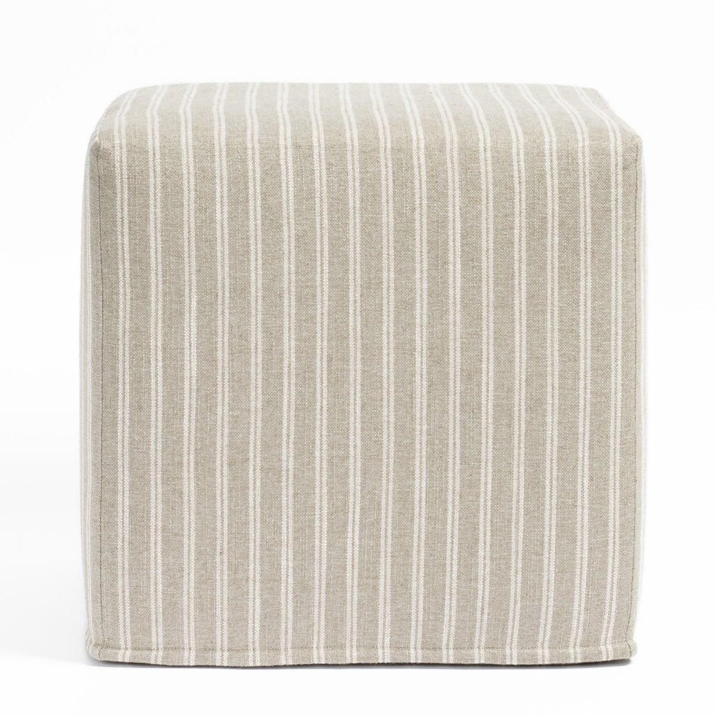 a dusty sage green and oatmeal belgian farmhouse striped fabric ottoman pouf : front view