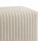 a dusty sage green and oatmeal belgian farmhouse striped fabric ottoman pouf : top detail view 2