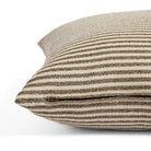 Side zipper detail of Tonic Living Crosby Stripe 22x22 toss cushion in brown and beige stripes.
