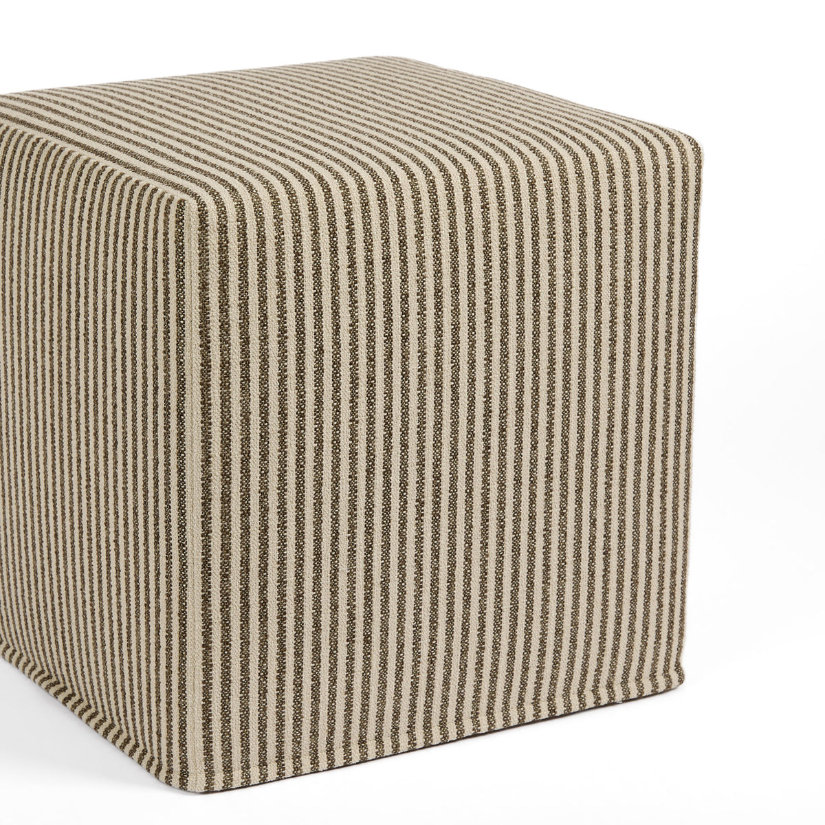Tonic Living Crosby Stripe 16x16 upholstered footstool in Truffle featuring a neutral brown and beige stripe.
