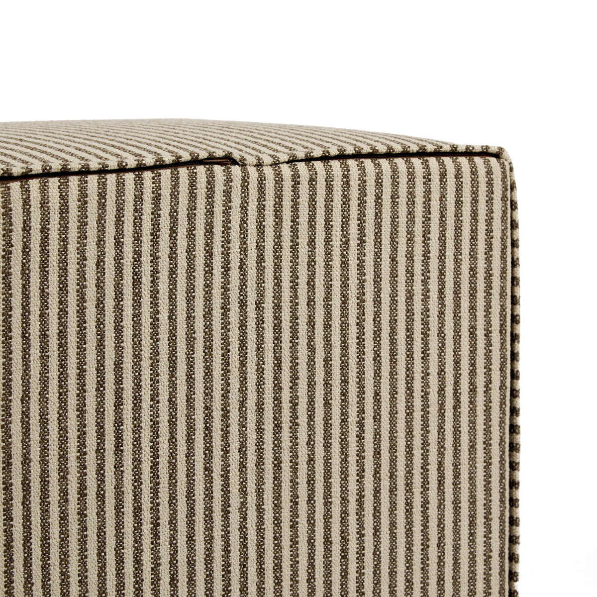 Bottom view of Tonic Living Crosby Stripe Truffle cube ottoman showing the concealed zipper and striped upholstery.