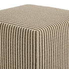 Close up of Tonic Living Crosby Stripe Truffle ottoman showing brown and beige striped upholstery and tailored corner detail.