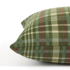 Side view of Tonic Living Dasher plaid decorative cushion featuring a classic green and burgundy check pattern.