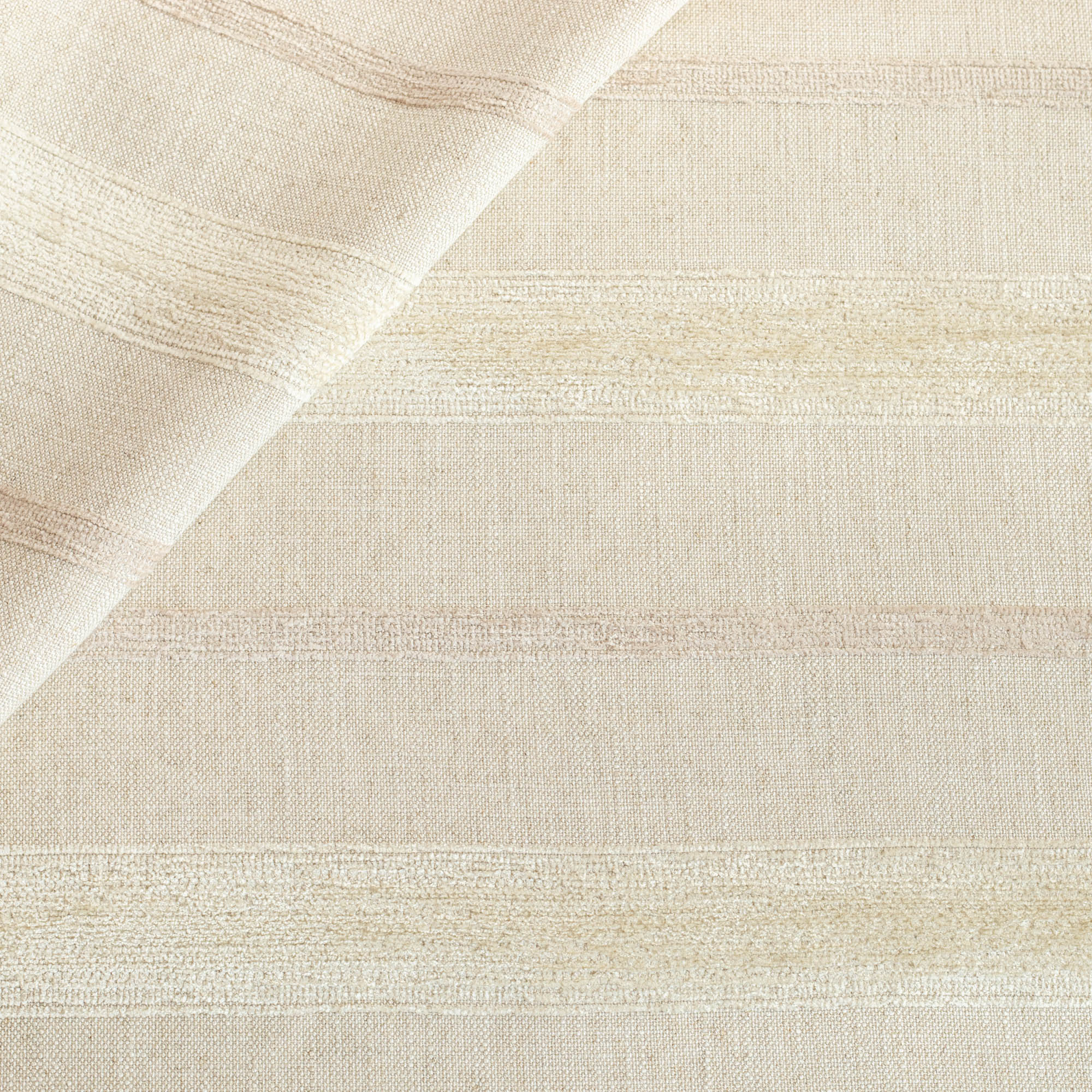a cream and oatmeal beige horizontal wide-set chenille striped upholstery fabric