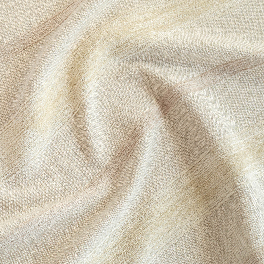a beige upholstery fabric with cream and oatmeal horizontal chenille stripes