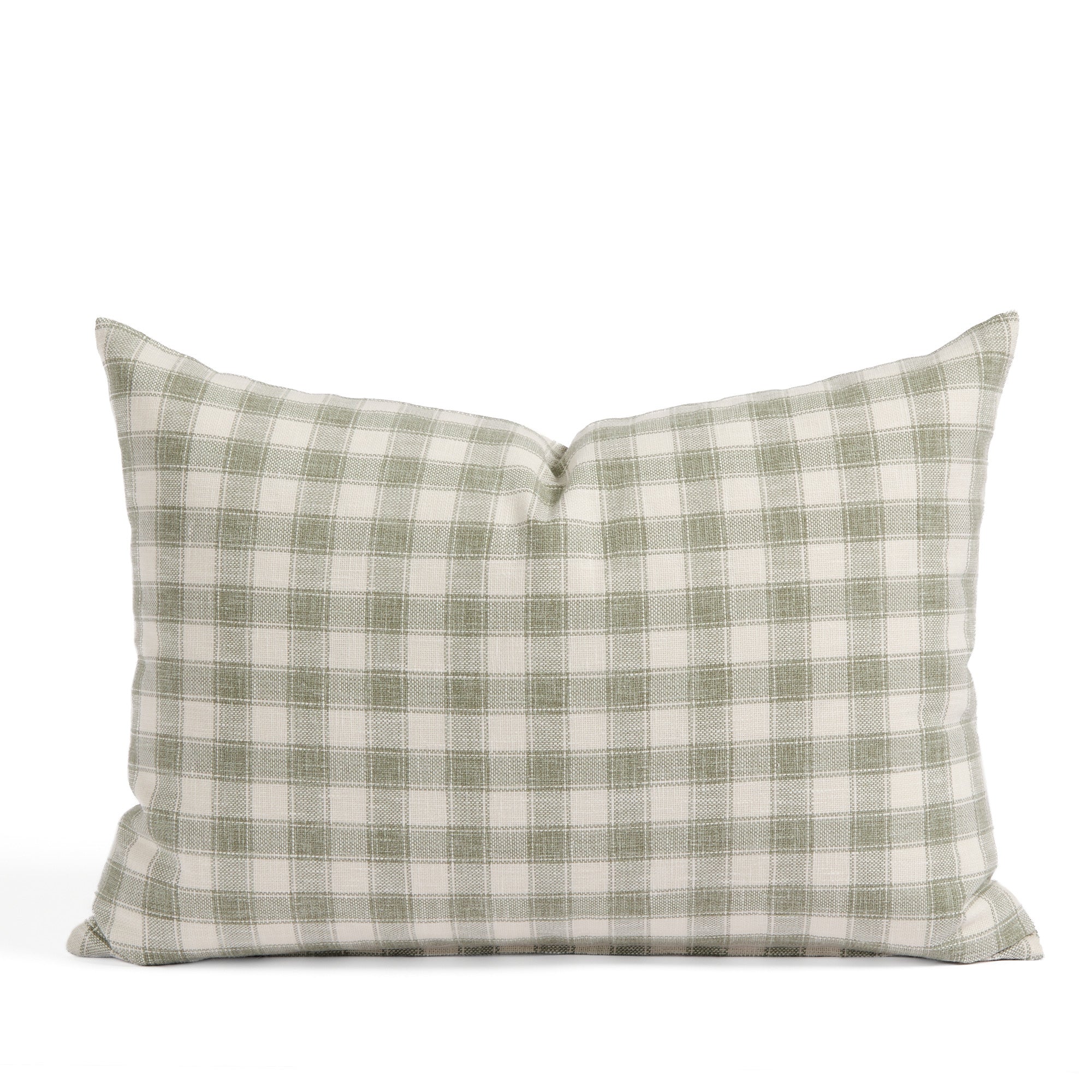 Tonic Living Emmett Plaid 14x20 lumbar pillow in Sage featuring a light green and white small-scale check.