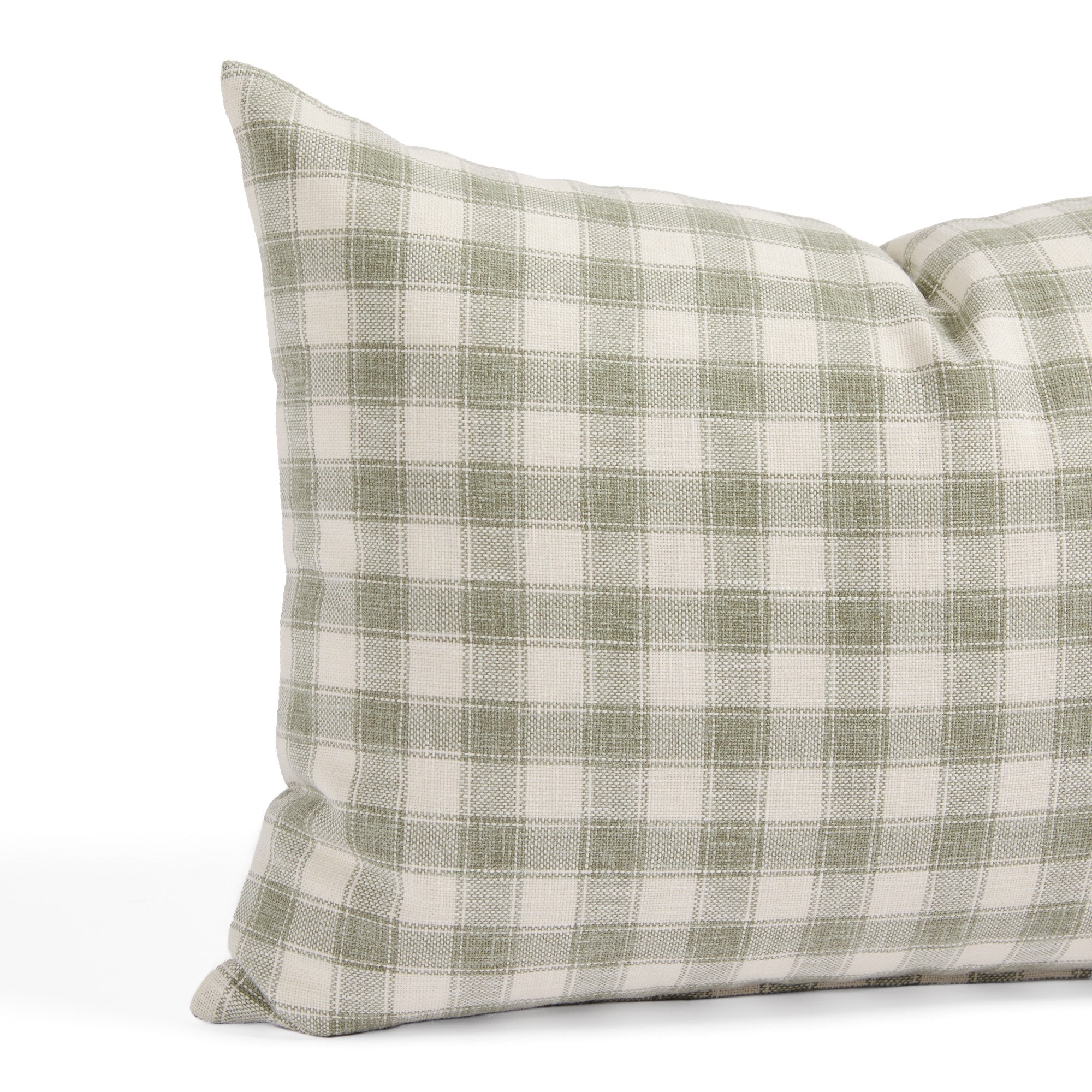Close up of Tonic Living Emmett Plaid lumbar pillow showing its classic sage green gingham pattern.