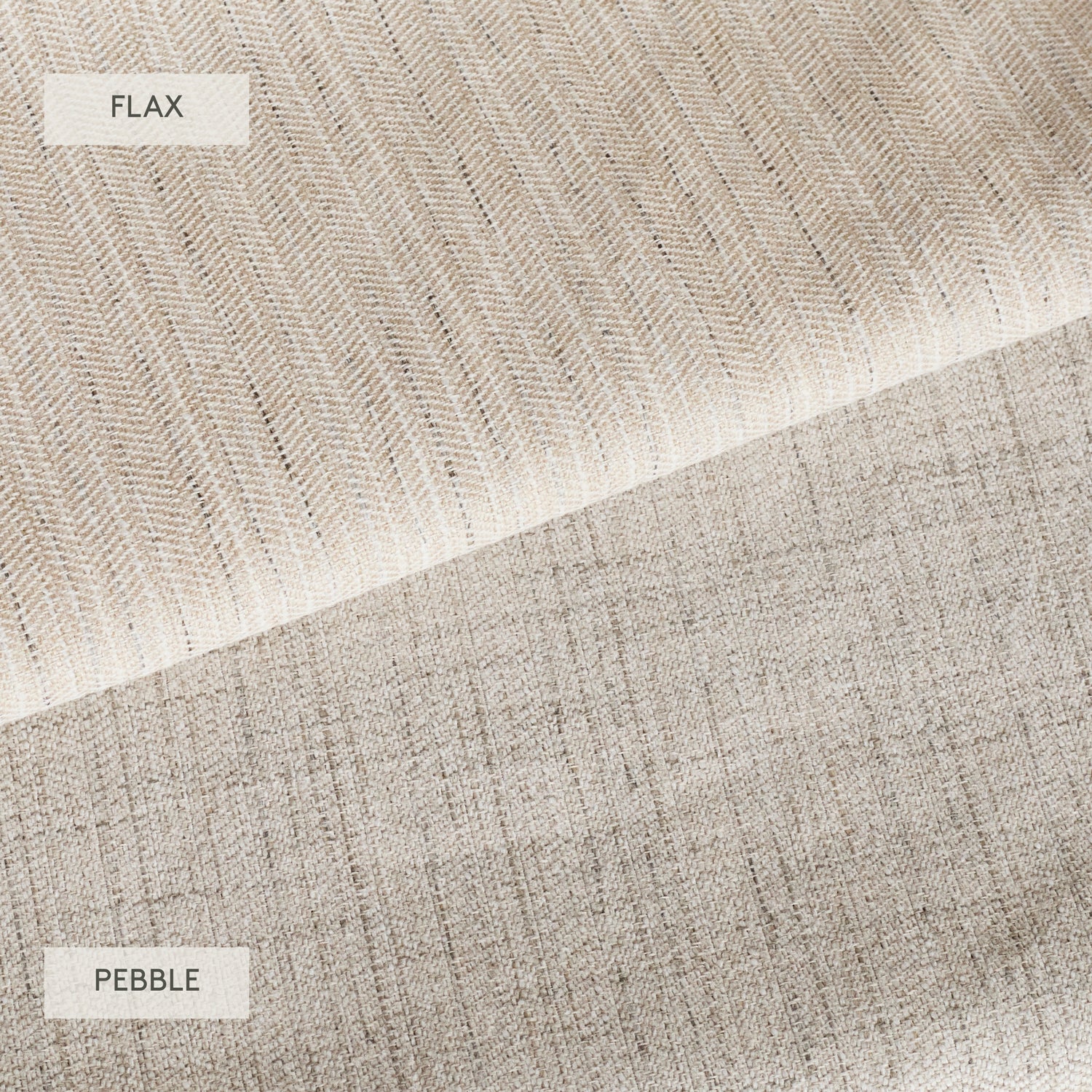Chester Fabric, Pebble and Flax by Tonic Living – warm grey and oatmeal high-performance herringbone fabrics.