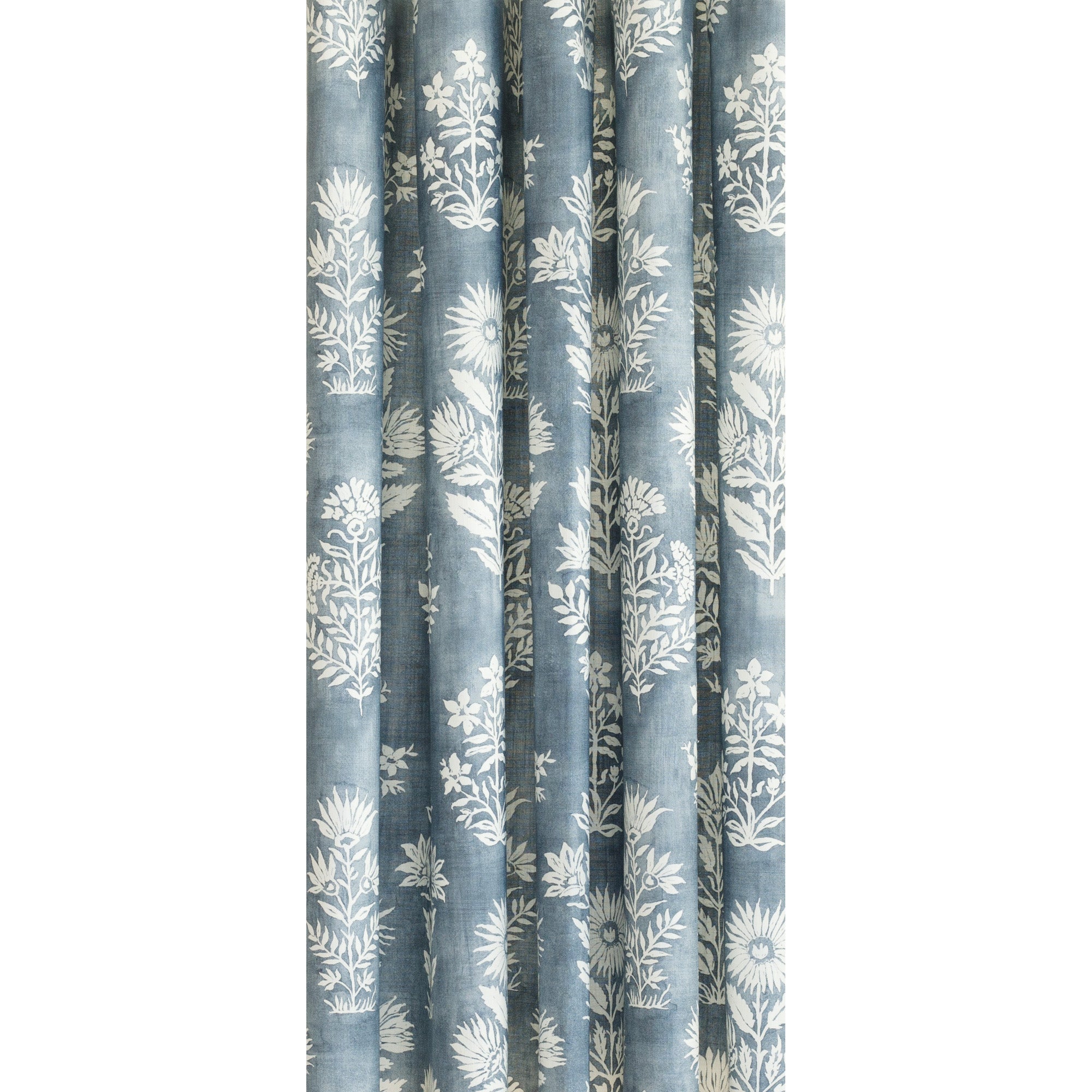 a blue and white batik inspired large scaled floral print curtain fabric